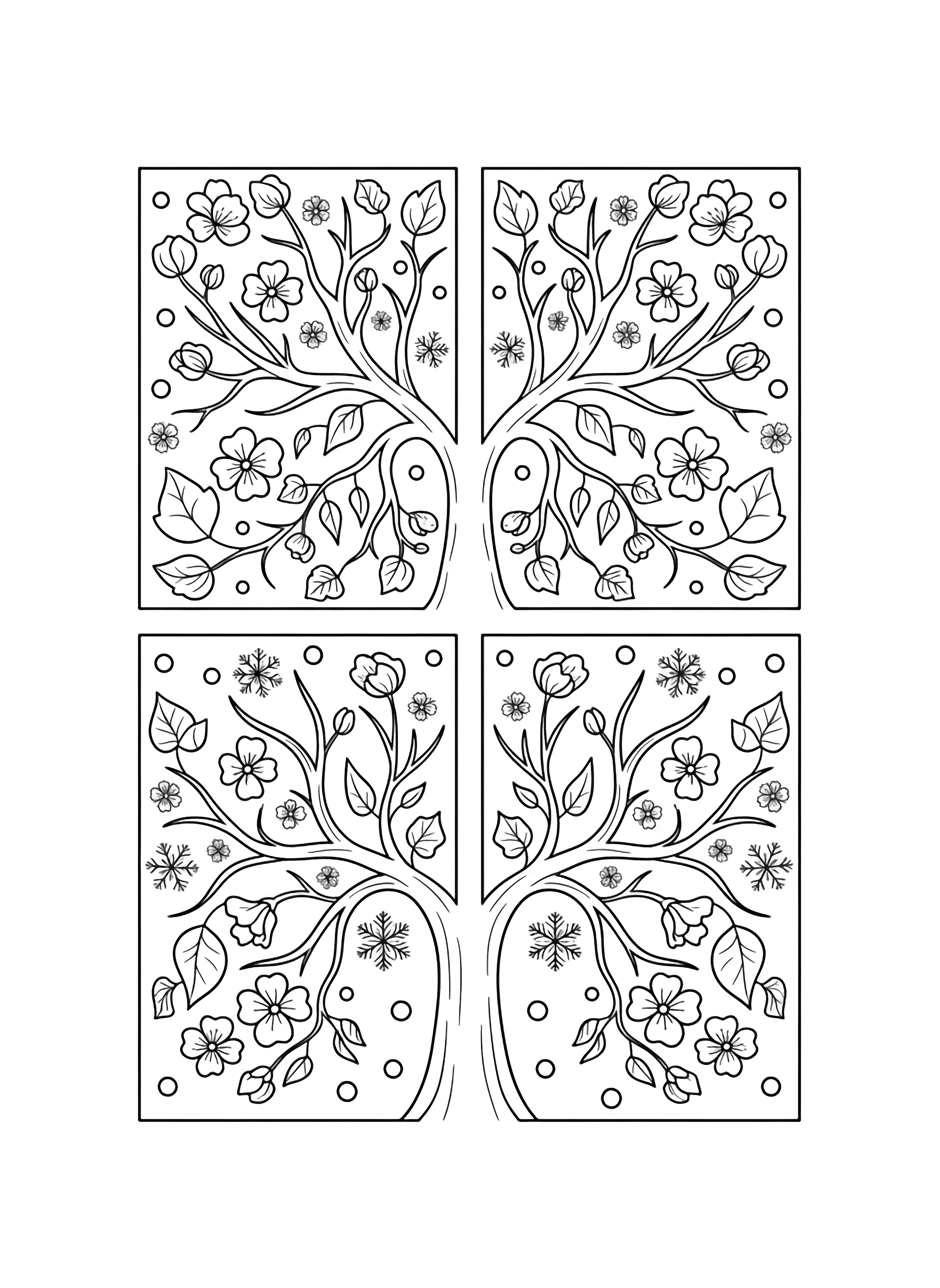 Four tall tree quadrants grow from one trunk, each with bare twisted branches, scattered blossoms, delicate leaves, and drifting snowflakes. kleurplaat