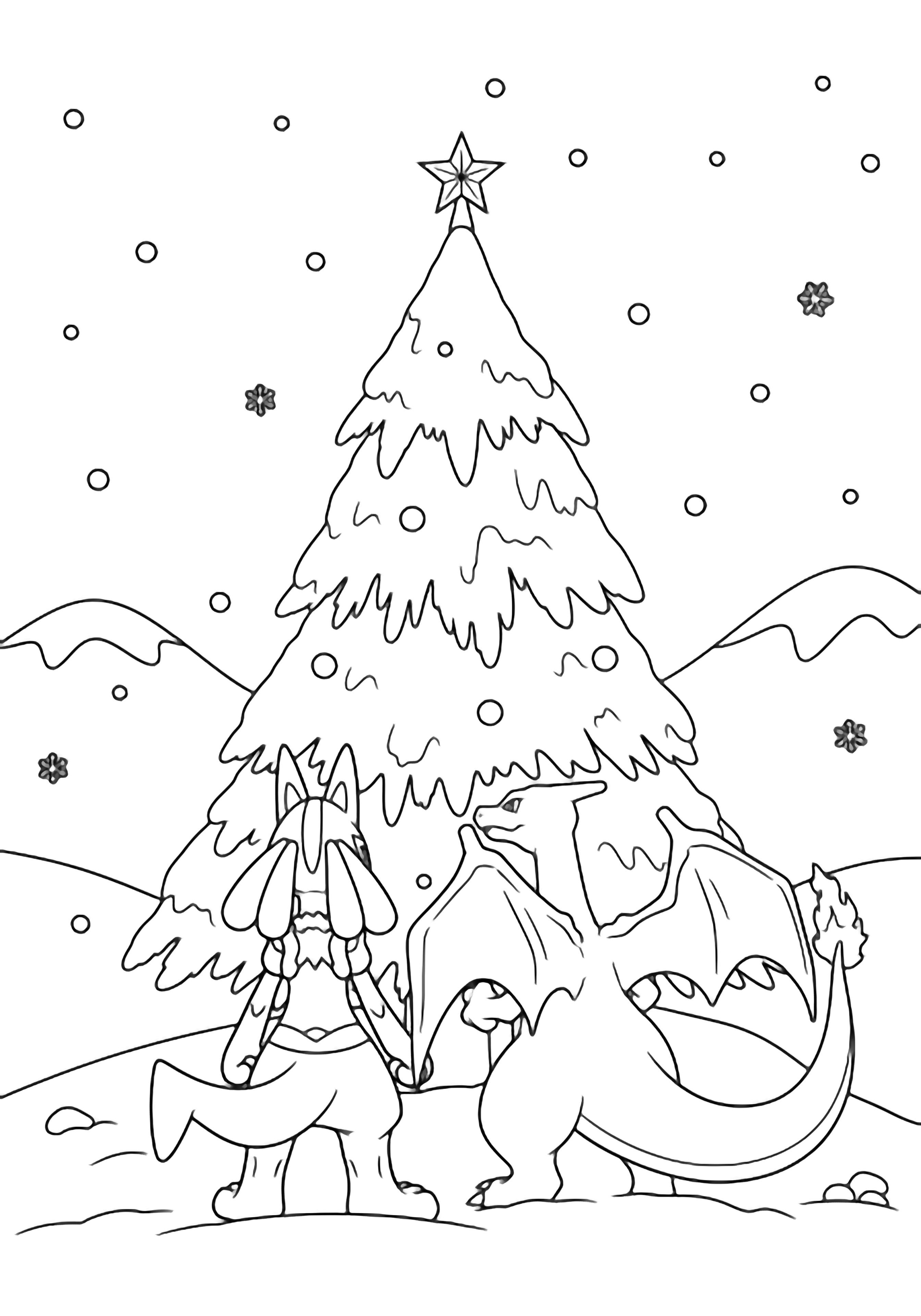 Lucario and Charizard stand together before a tall snow-dusted Christmas tree topped with a star, gentle snow drifting over rounded hills. kleurplaat