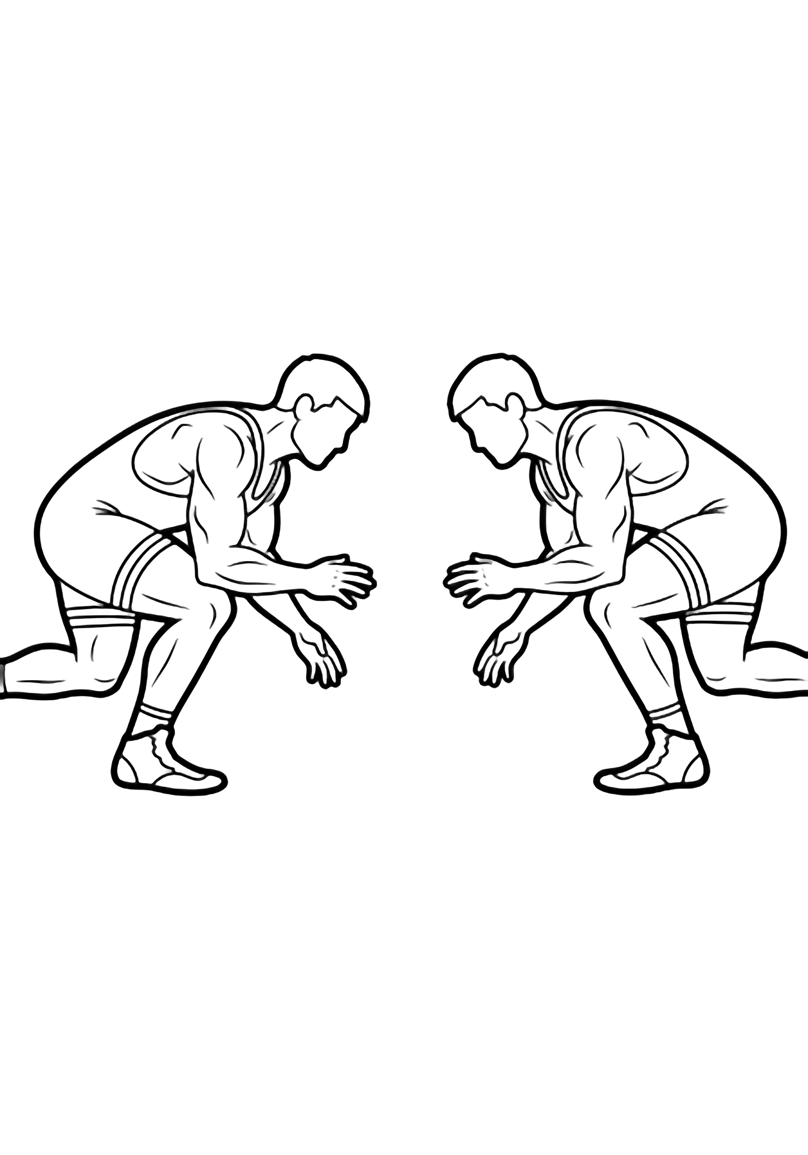 Two wrestlers crouch in mirrored starting stance, knees bent, hands reaching forward, wearing singlets, simple muscles visible kleurplaat