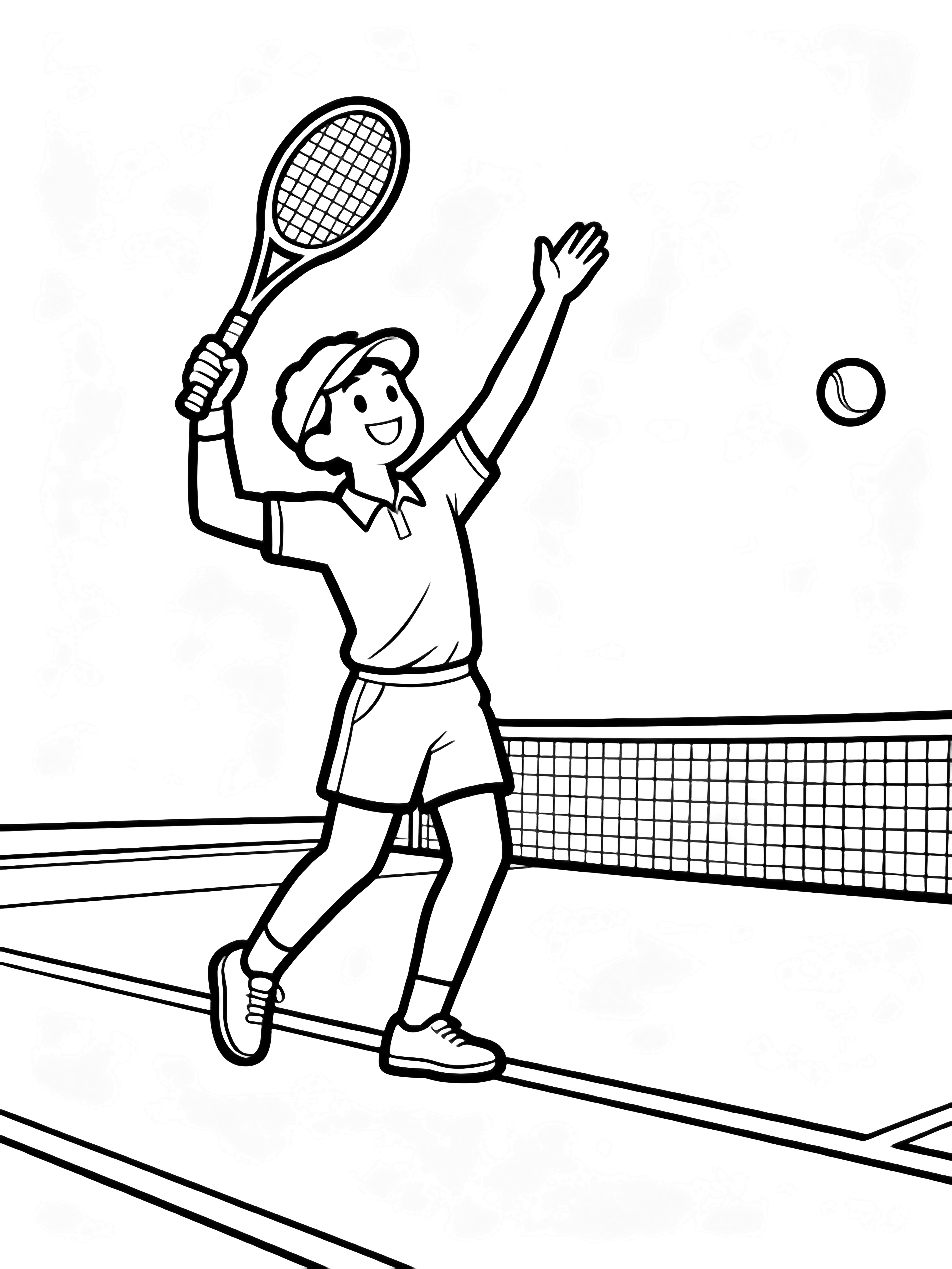 Smiling tennis player mid-serve, one arm up, racket swinging; court lines, net, round ball kleurplaat