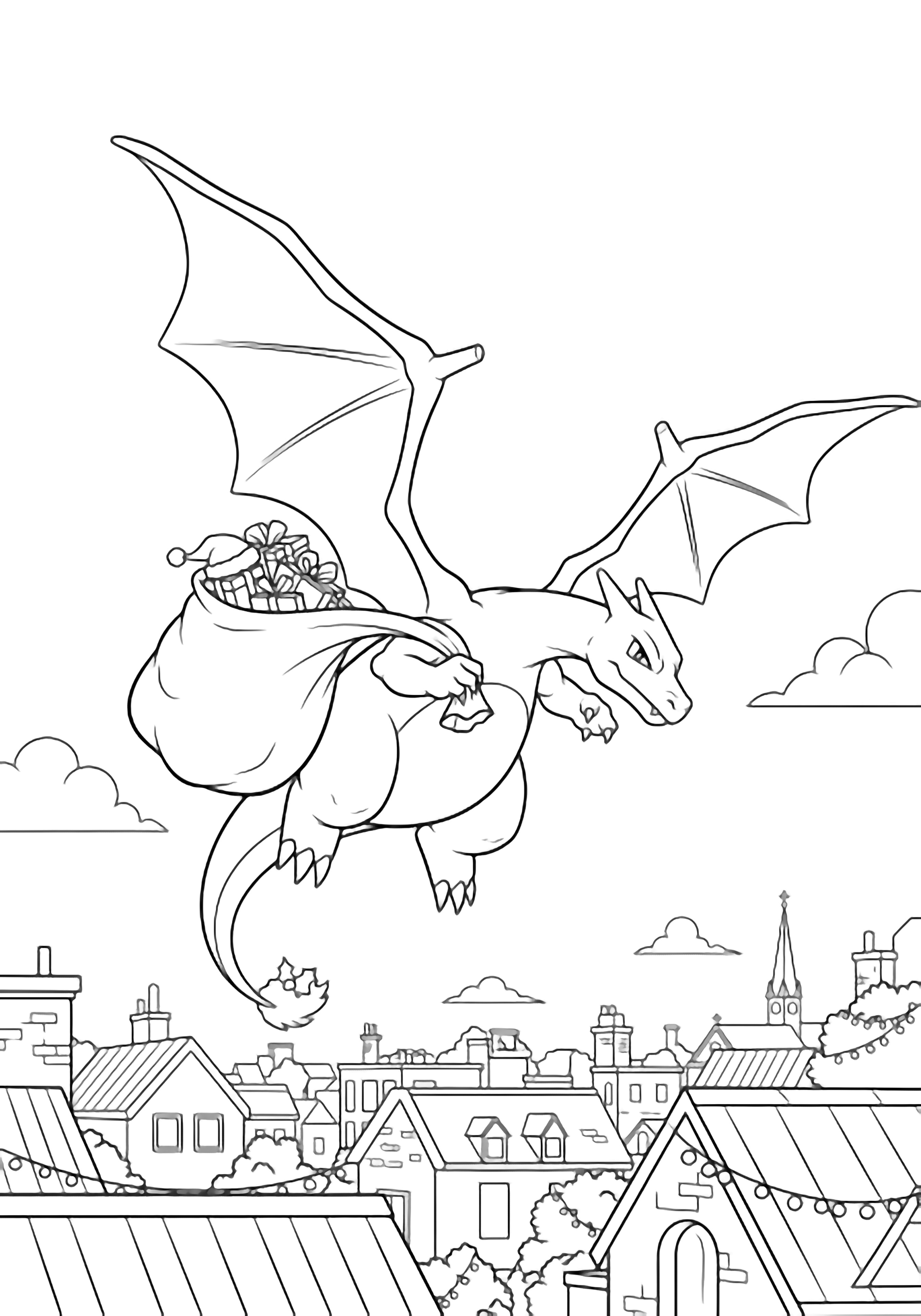 Charizard soars above a city of blank rooftops and tiny light-strung trees, carrying a Santa sack; distant church spire and simple clouds below. kleurplaat