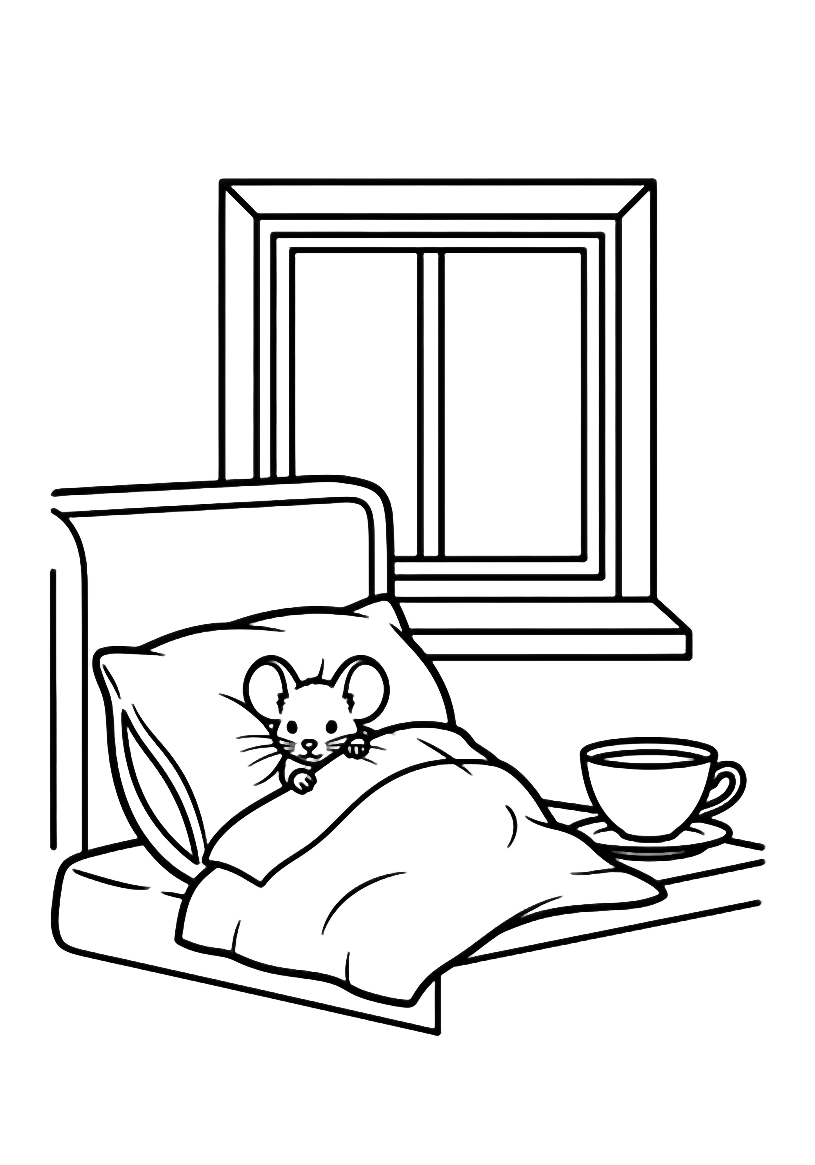 Tiny mouse asleep under blanket on pillow, teacup on bedside table, empty window behind kleurplaat