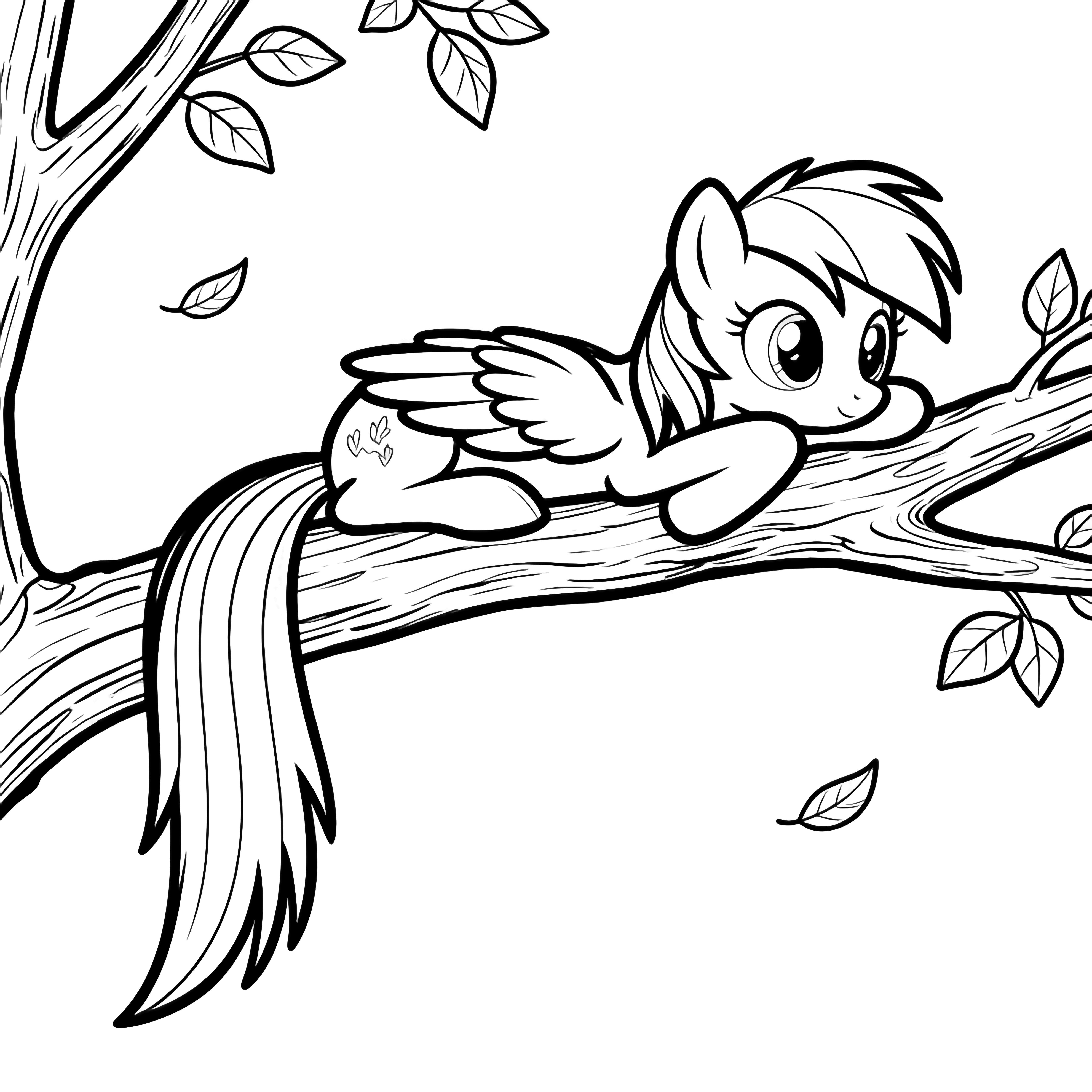 Rainbow Dash resting on a thick tree branch, wings tucked, tail dangling; a few leaves drift through the empty sky. kleurplaat