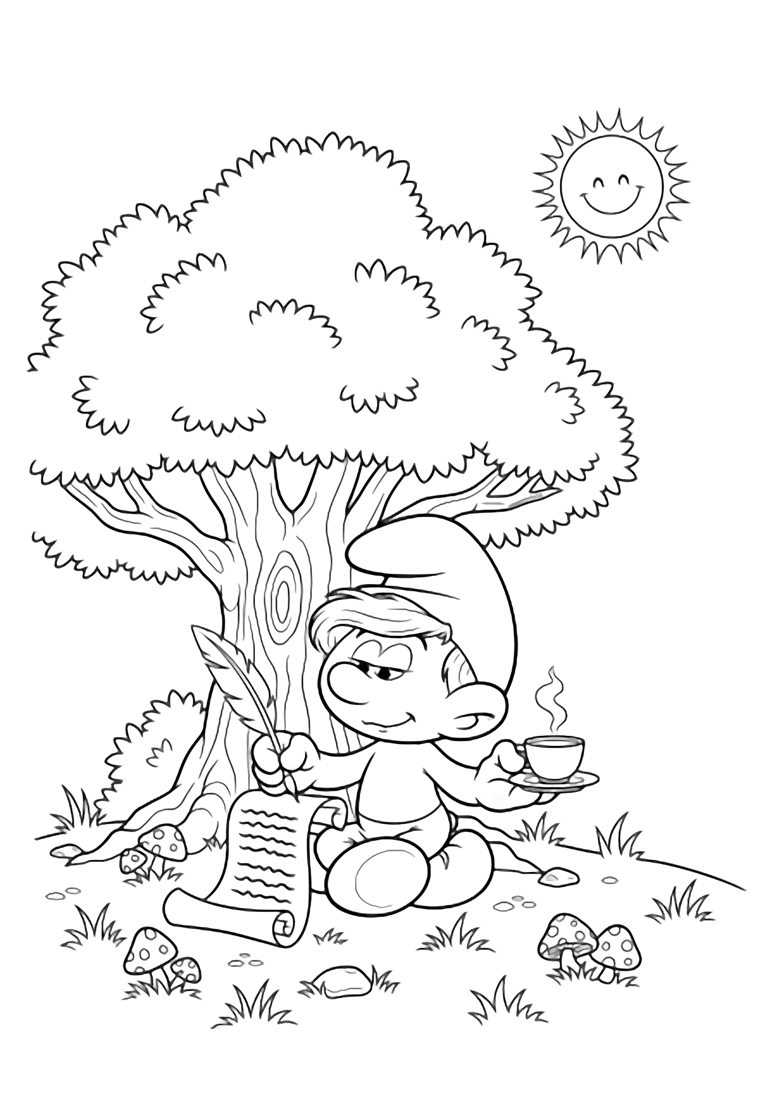 Brainy Smurf sits cross-legged under a leafy tree, writing on a scroll and holding a teacup; grass, tiny mushrooms, and a smiling sun complete the tranquil scene. kleurplaat