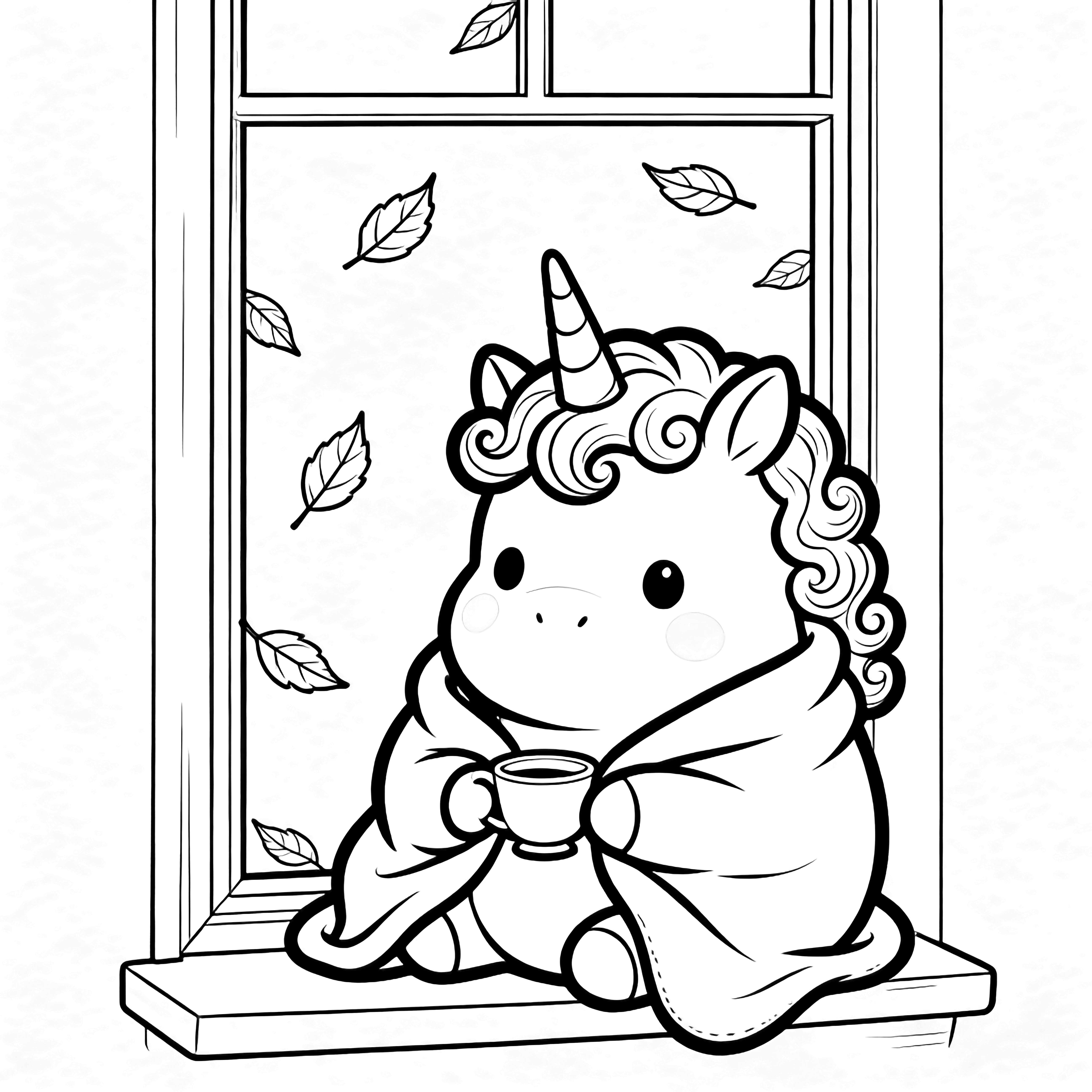 A plump baby unicorn with curly mane sits wrapped in a blanket, clutching a tiny teacup while autumn leaves drift past a simple window. kleurplaat
