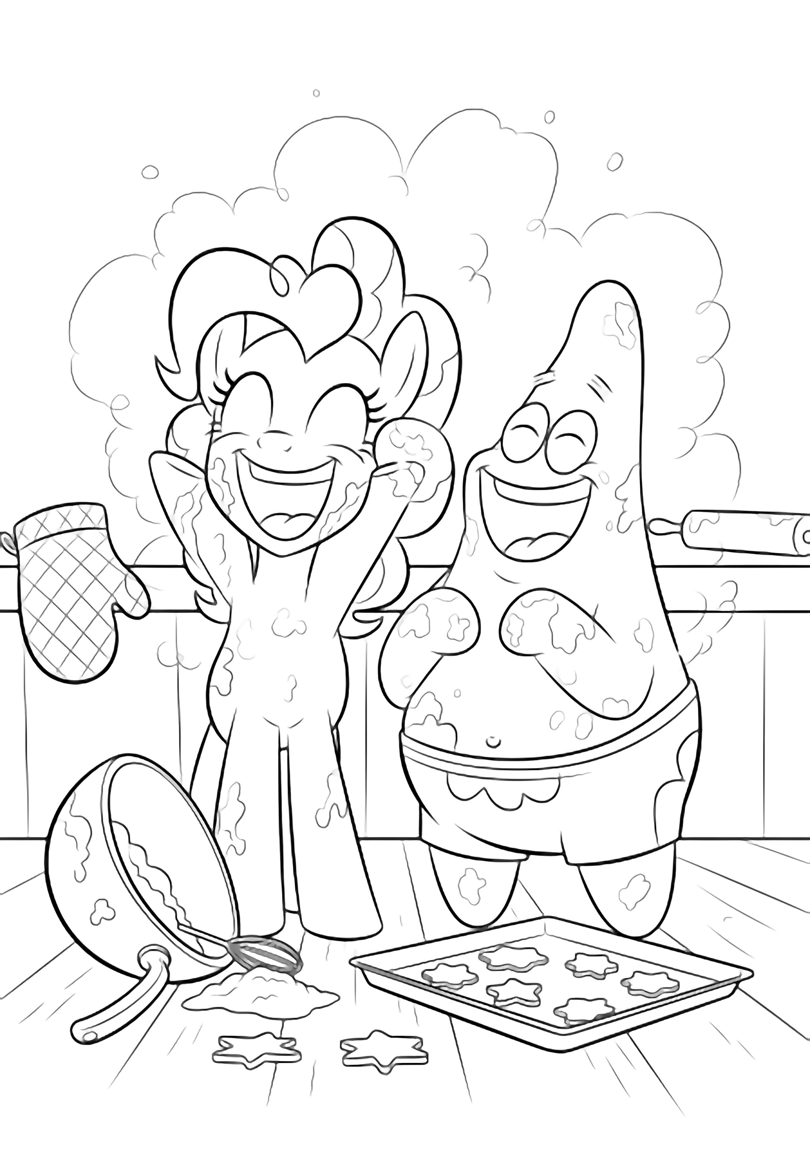 Pinkie Pie and Patrick laugh in a flour-filled kitchen, bowl and cookie sheet overturned, mitts and rolling pin nearby. kleurplaat