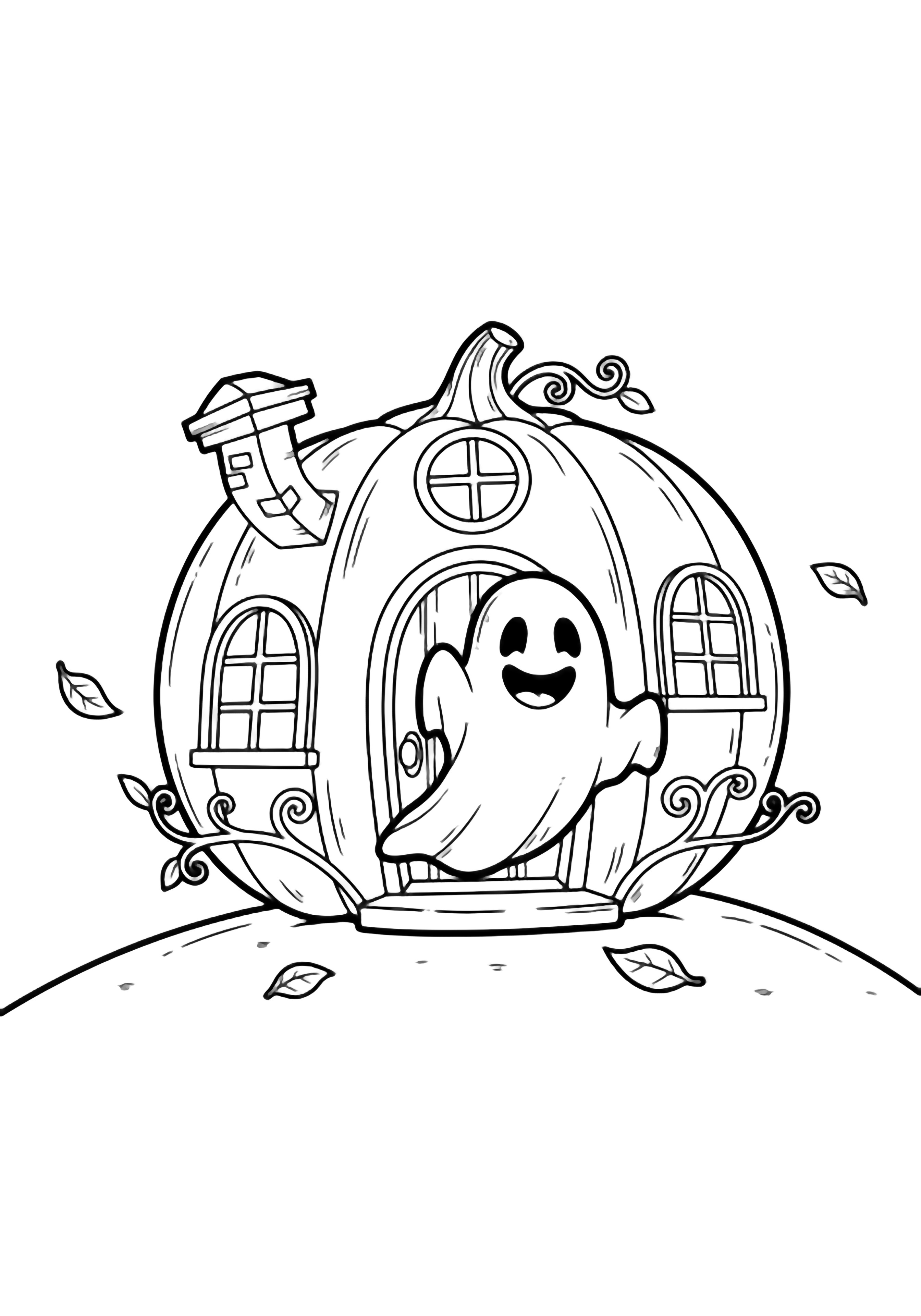 A cheerful ghost waves from the doorway of a round pumpkin house on a gentle hill, with curly vines, drifting leaves, and empty-pane windows. kleurplaat