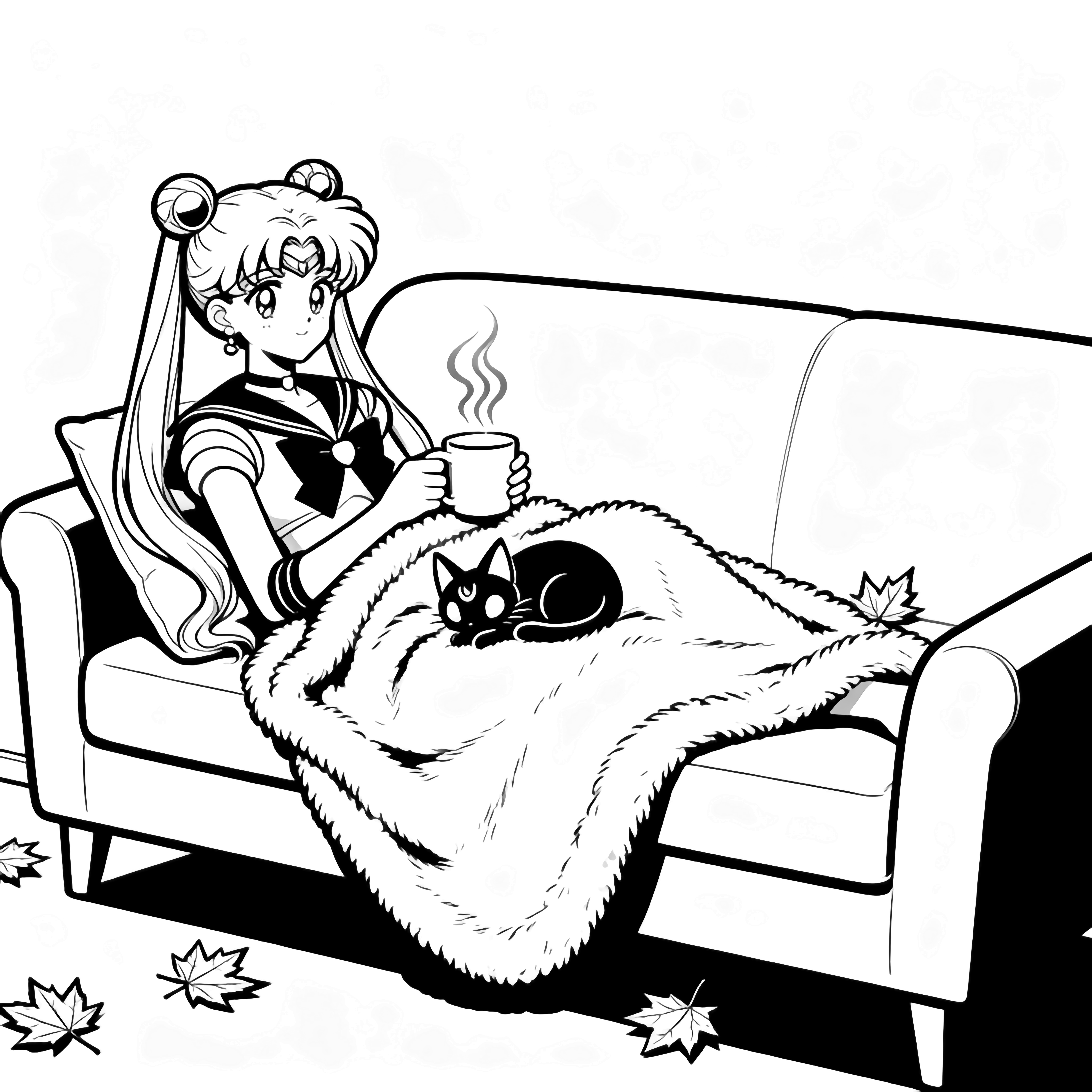 Sailor Moon relaxes on a sofa under a fuzzy blanket, holding a steaming mug while Luna naps on her lap and maple leaves drift around them. kleurplaat