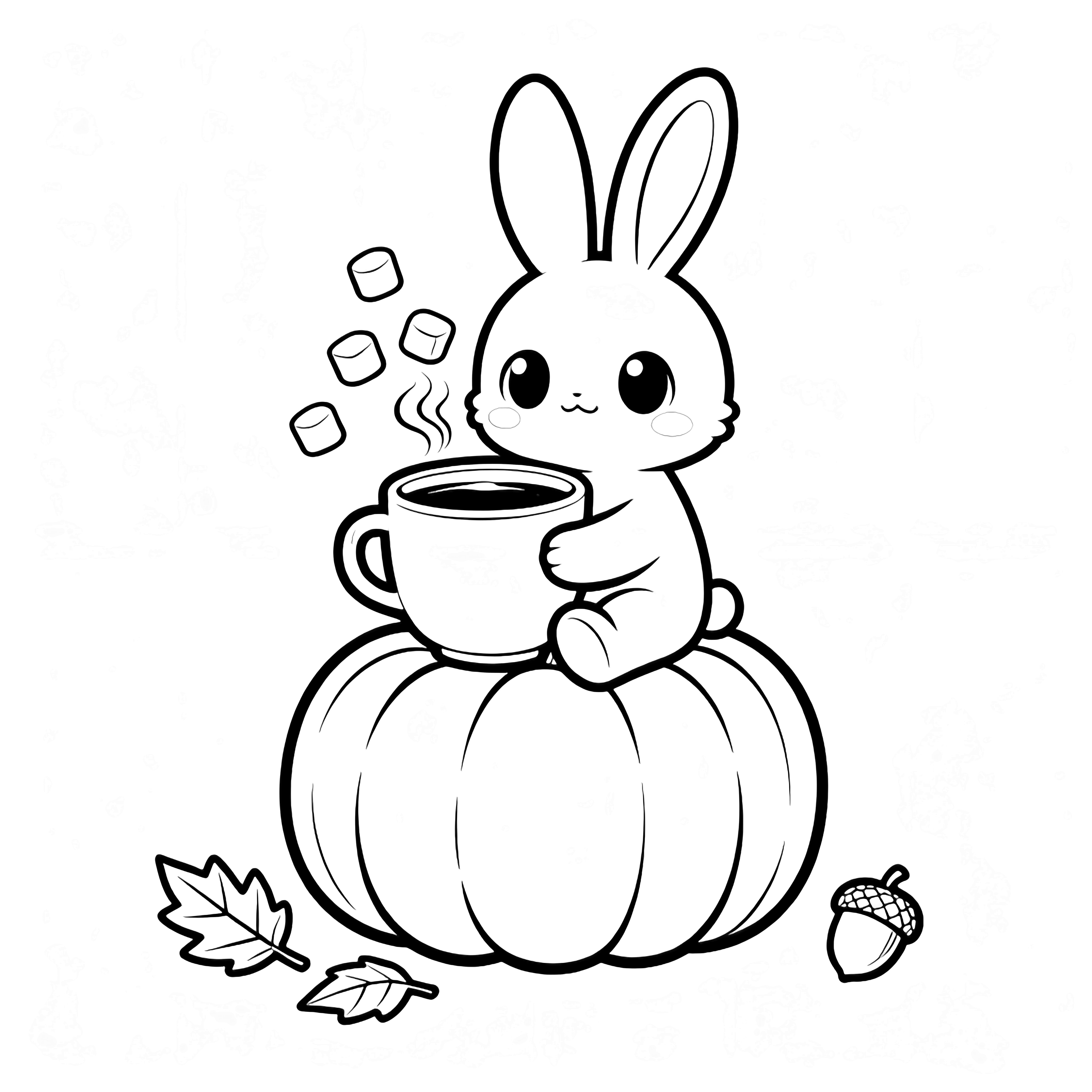 A kawaii bunny with big eyes sits on a pumpkin, hugging a round mug while steam and five marshmallows float above; two leaves and an acorn rest nearby. kleurplaat