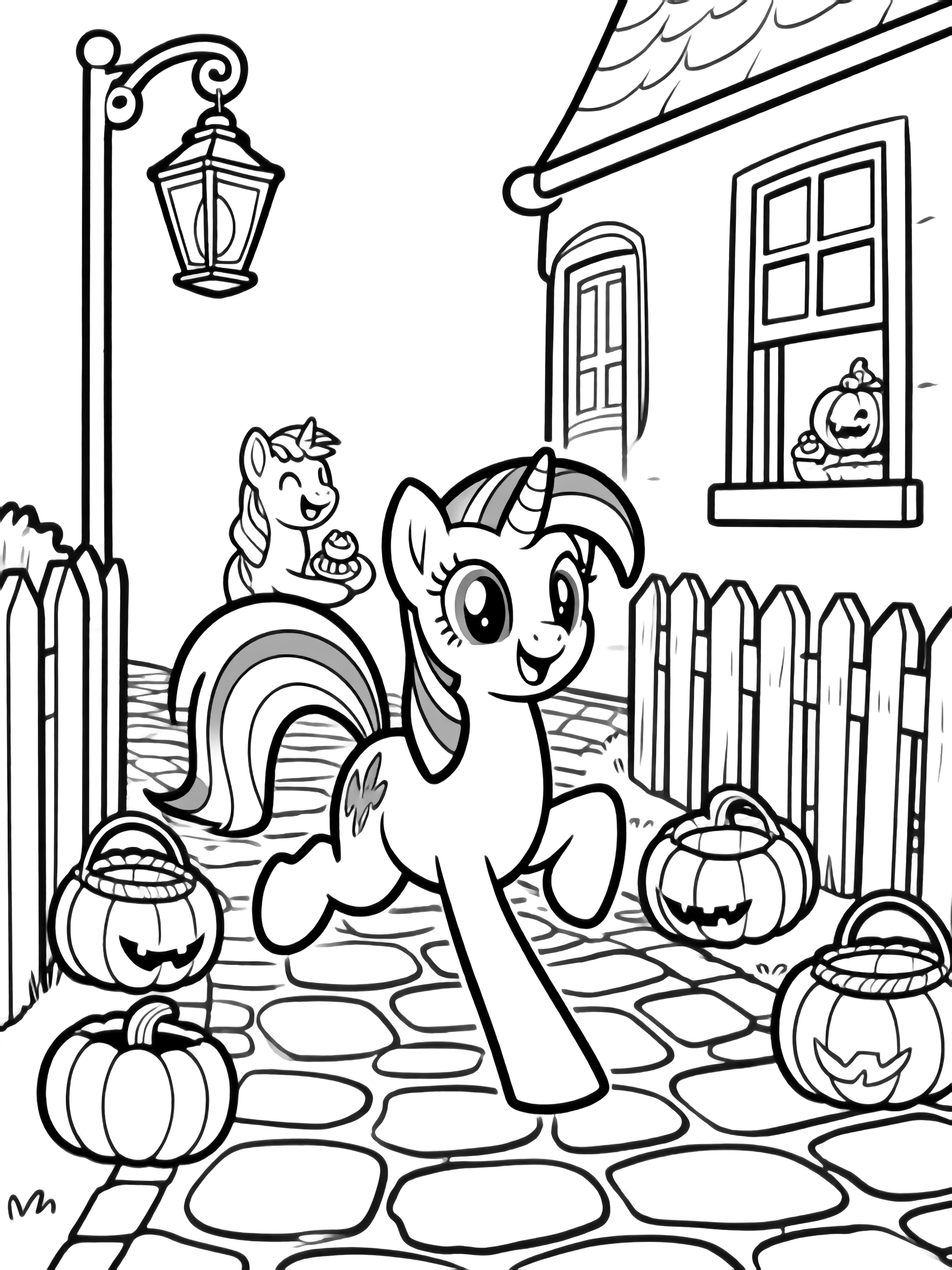Twilight Sparkle draaft over een keienweg langs lege pompoenmanden, lantaarnframes, lachende veulens die traktaties aanbieden, open cottage-ramen en picket fences. kleurplaat