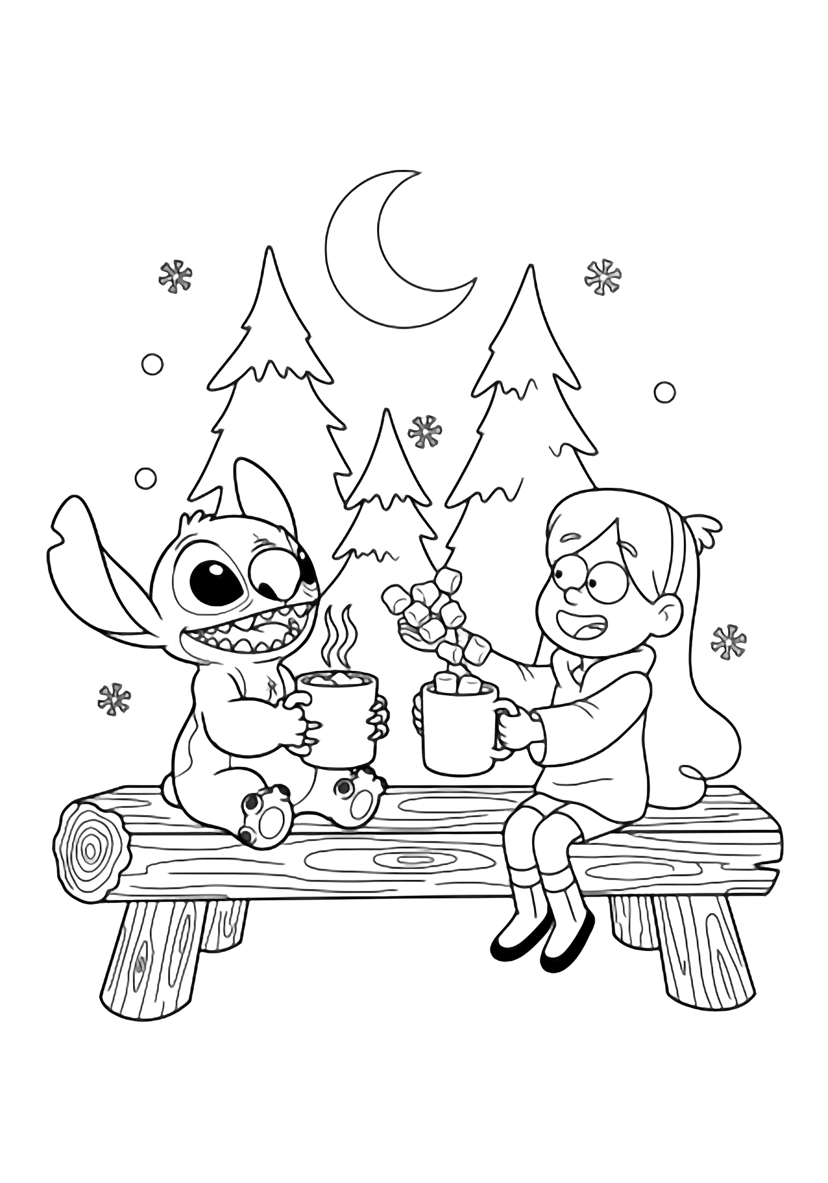 Stitch and Mabel share a log bench, clutching big mugs; Stitch grins while Mabel offers marshmallows, with pines, a crescent moon, and drifting snowflakes above. kleurplaat