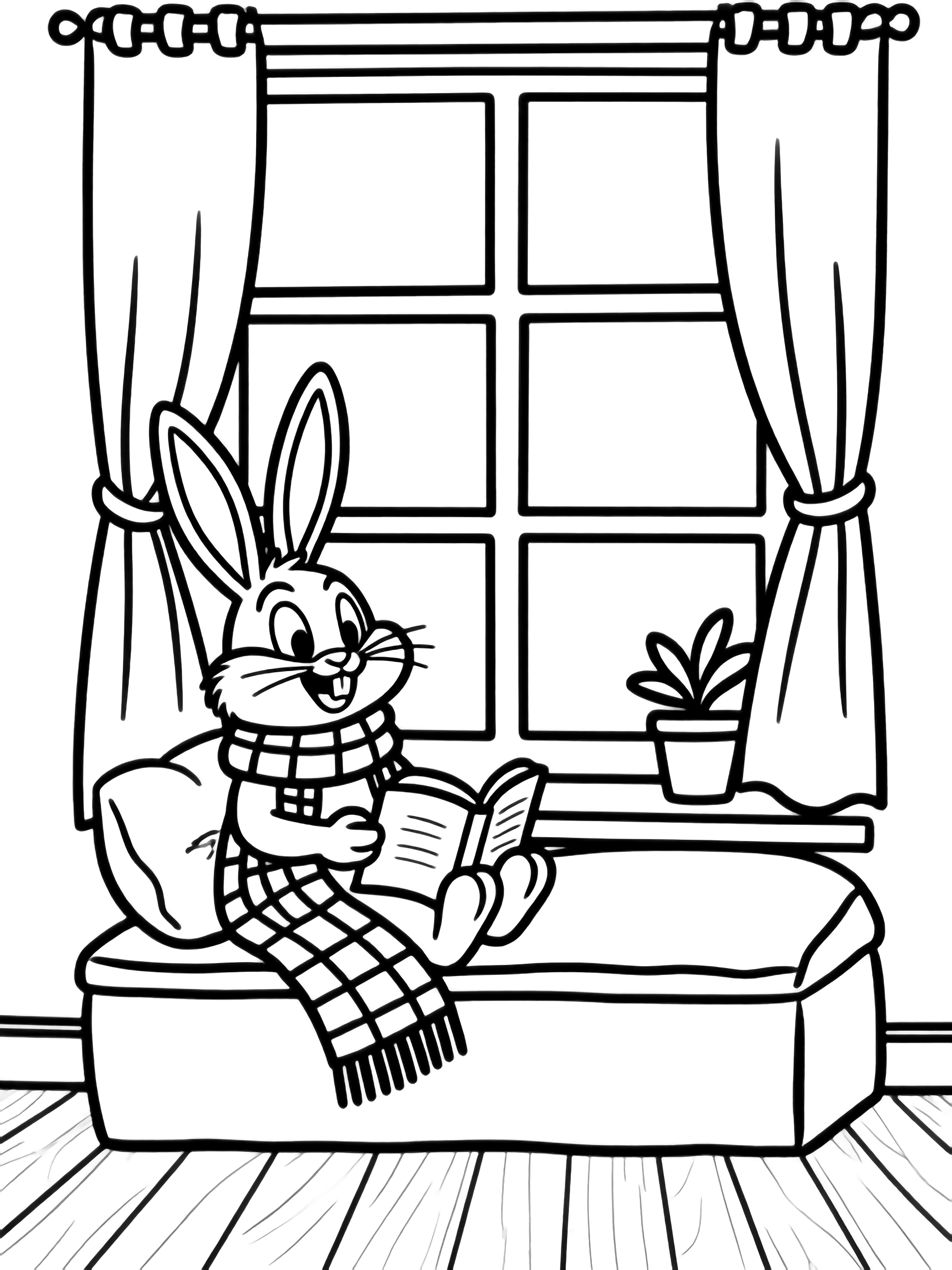 Bugs Bunny, bundled in a plaid scarf, reads on a cushioned window seat; tall ears alert, six-pane window behind, tied-back curtains, floorboards, tiny plant pot on the sill. kleurplaat