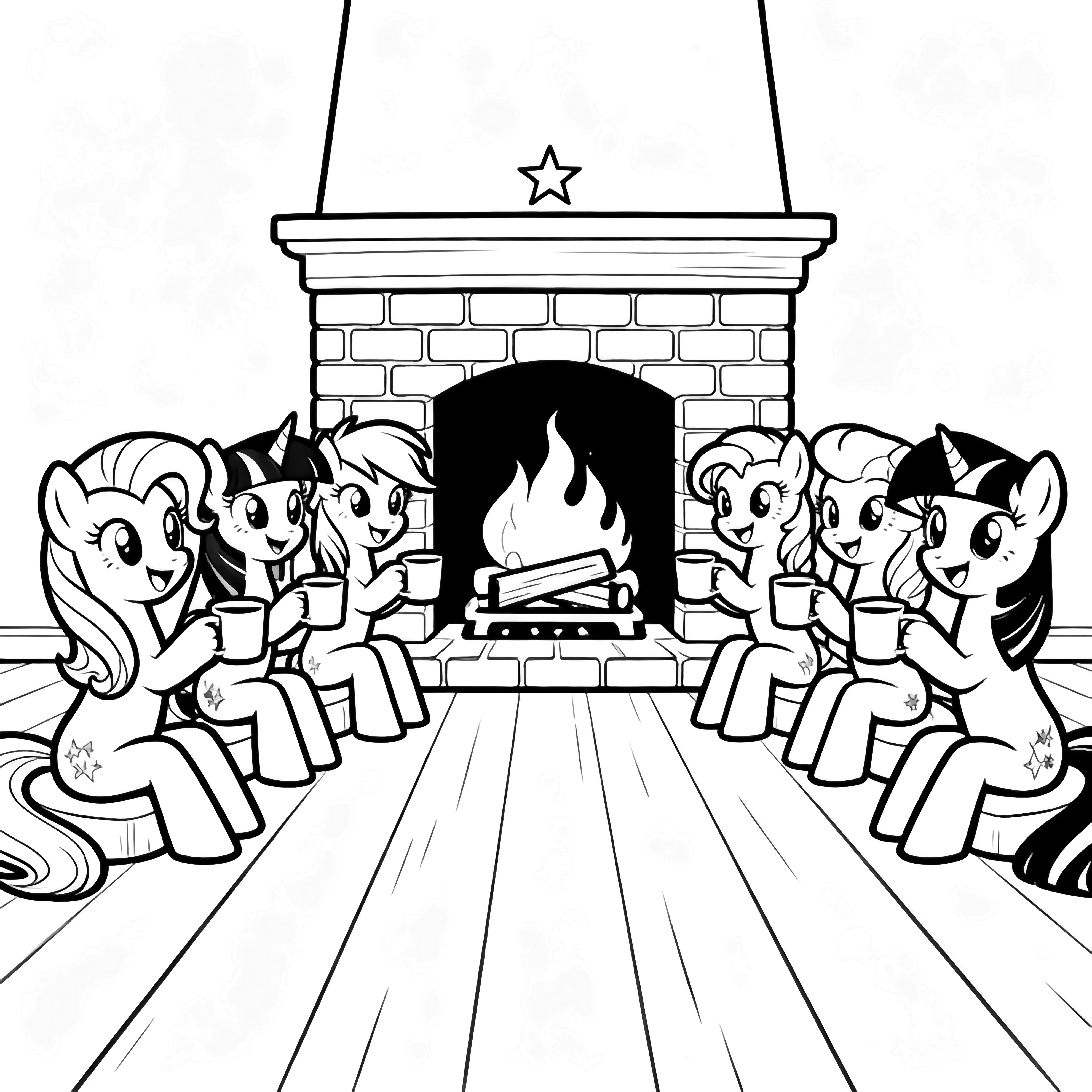 Six ponies sit in a semicircle round a brick fireplace, smiling and raising mugs; a star hangs above the mantel on a wooden floor. kleurplaat