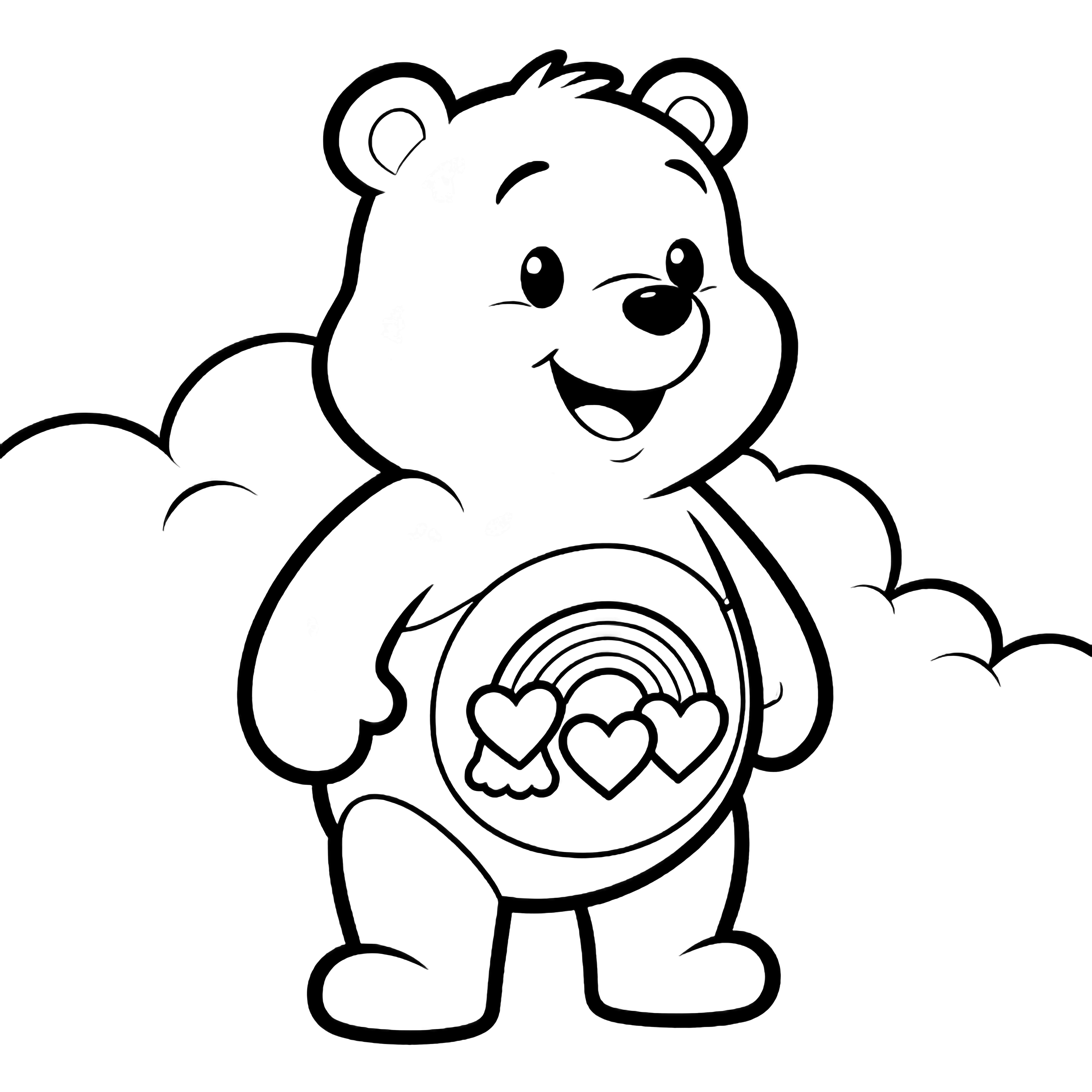 Cheer Bear stands sideways smiling, rainbow-heart belly badge, simple clouds behind. kleurplaat