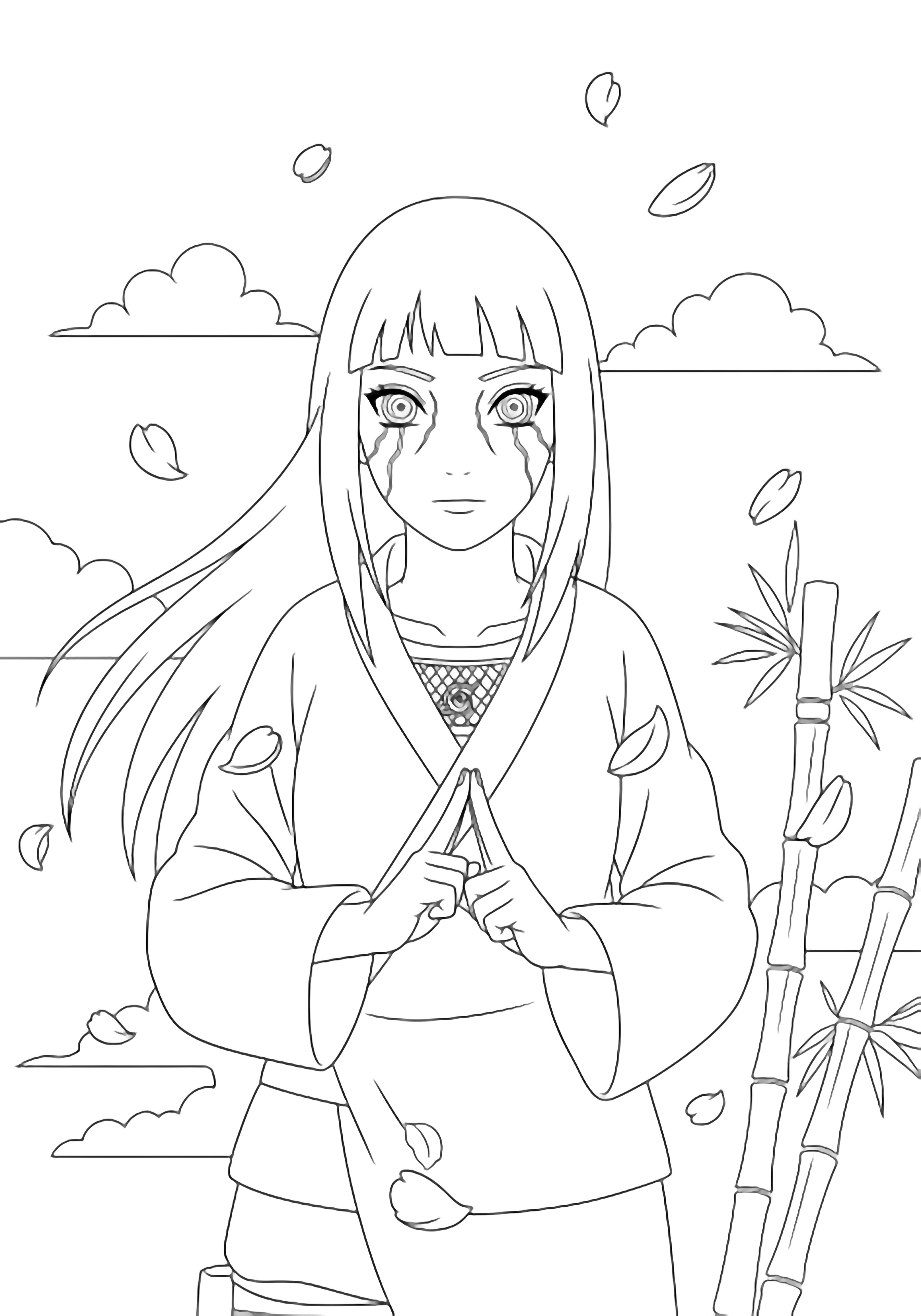 Hinata met lang, wapperend haar en Byakugan-ogen vormt zachte ninja-seals terwijl bloesemblaadjes om haar heen dwarrelen tussen zachte wolken en bamboe stengels. kleurplaat