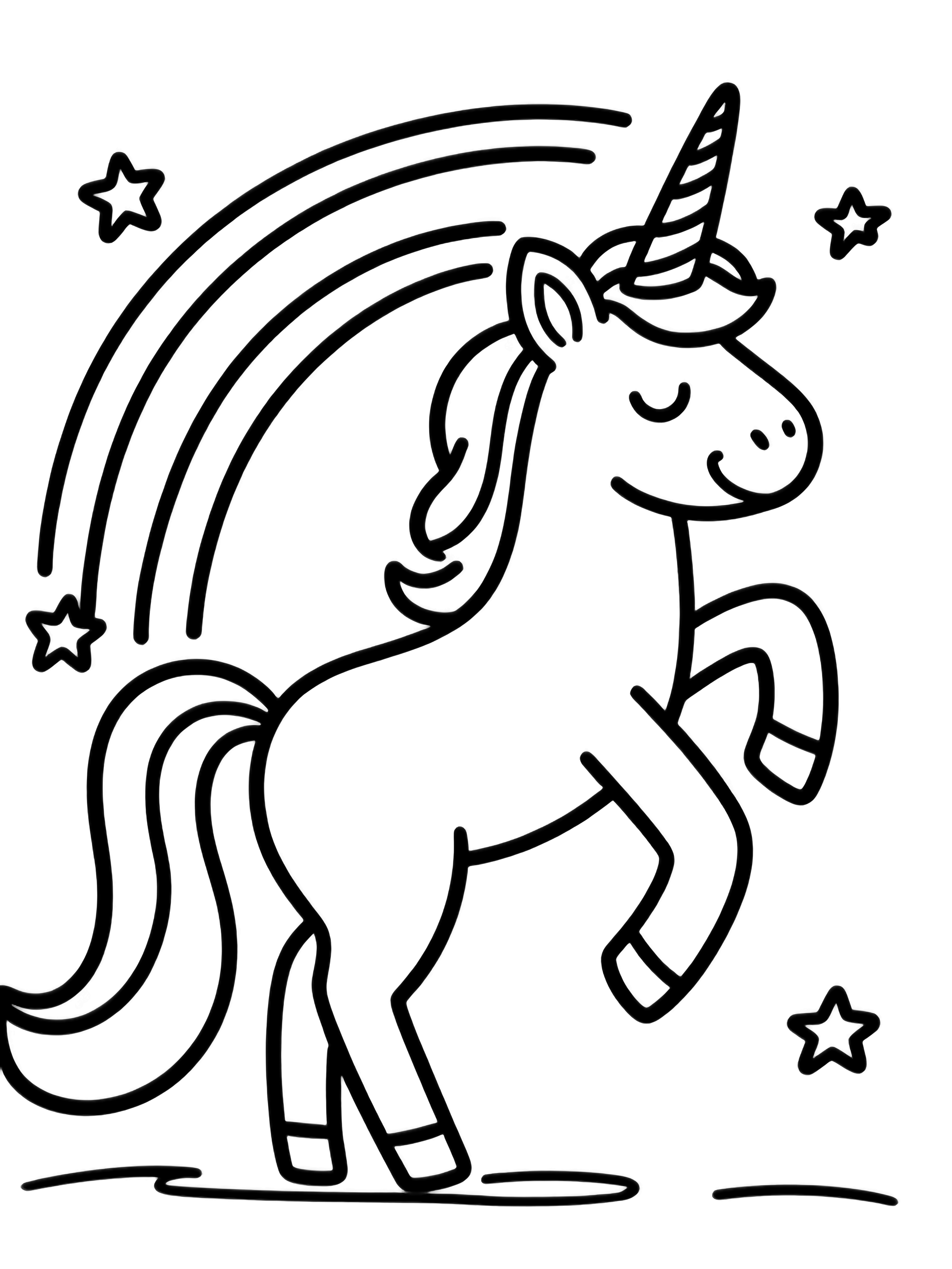 A rearing unicorn with flowing mane and tail, five arcing lines behind it like a rainbow, tiny stars scattered around, and a simple ground line. kleurplaat