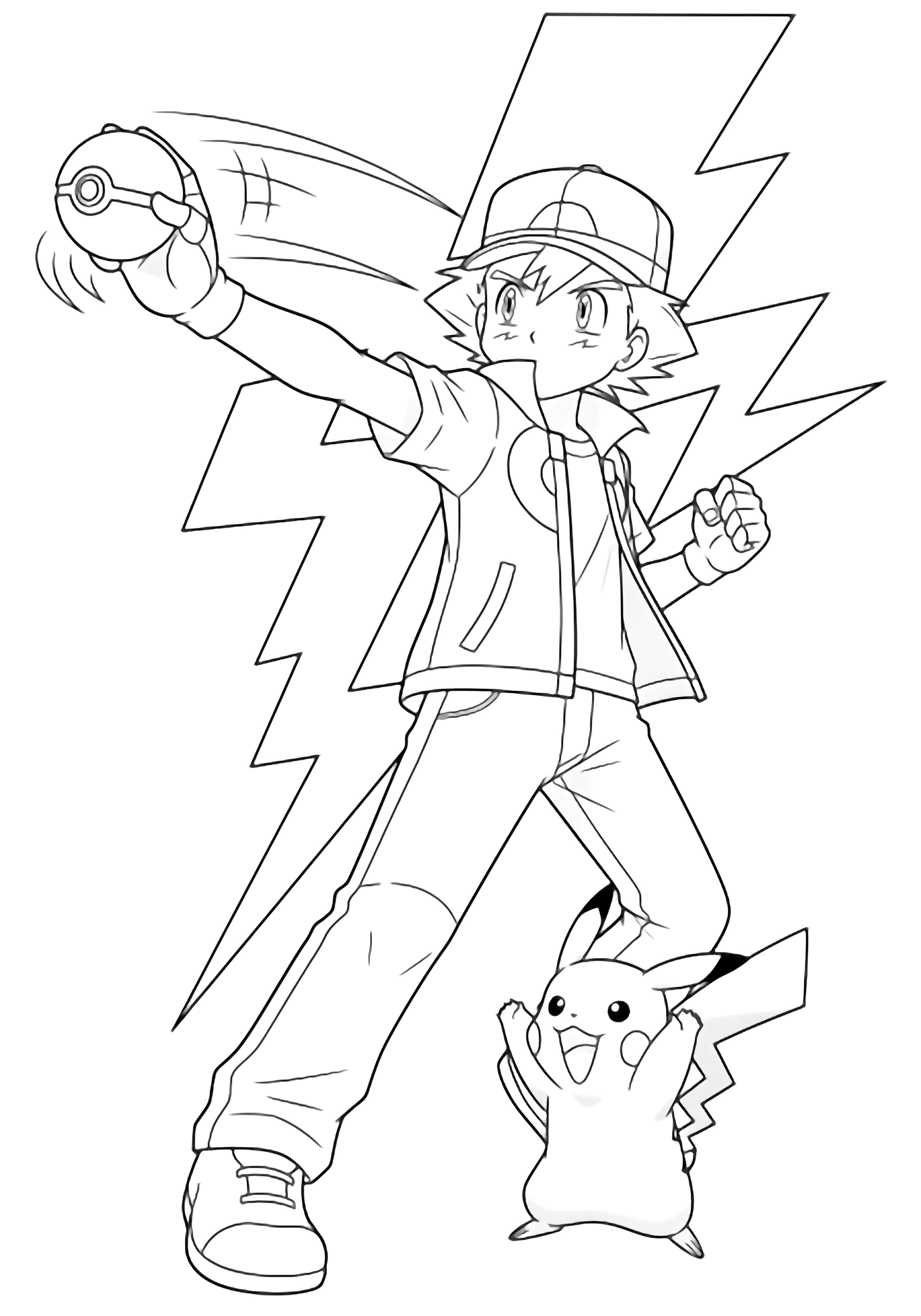 Ash Ketchum mid-throw with cap reversed, gloved hand launching a Pok Ball, Pikachu cheering at his feet, zig-zag lightning behind them. kleurplaat