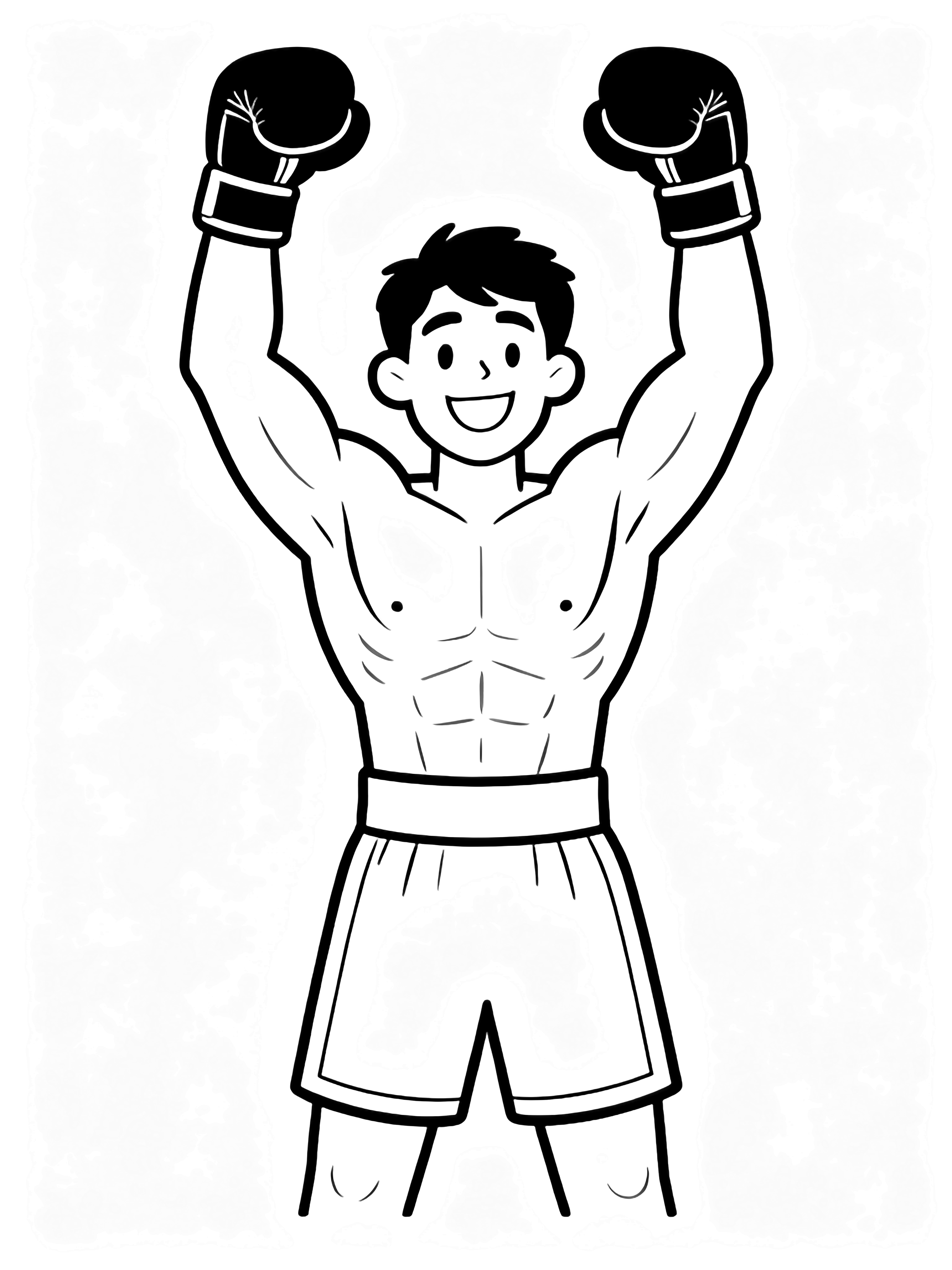 A triumphant boxer stands with raised gloved fists touching, muscular arms and shorts outlined in bold contours against empty white space. kleurplaat