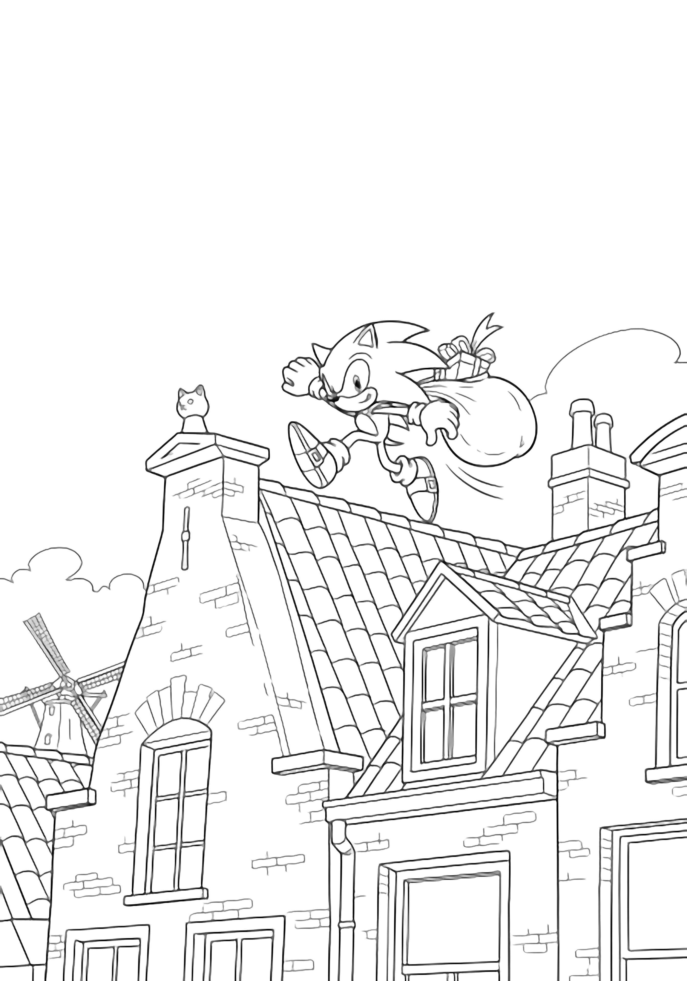 Sonic races along a Dutch townhouse roof ridge, gift bag bouncing on his back; stepped gables, chimney cat, distant windmill silhouette frame the scene. kleurplaat