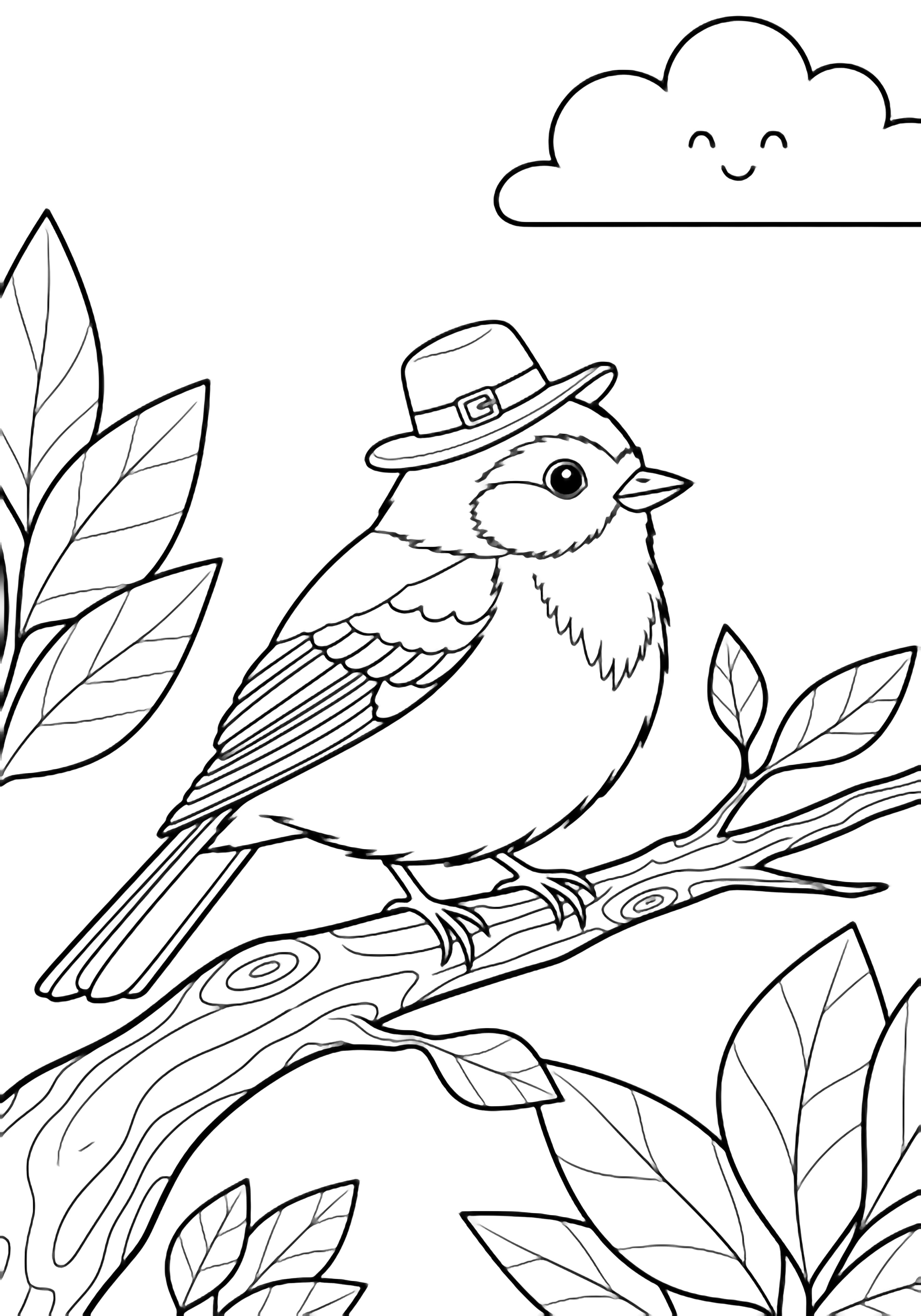 A plump songbird wearing a derby hat perches on a branch, surrounded by simple leaves and a smiling cloud. kleurplaat