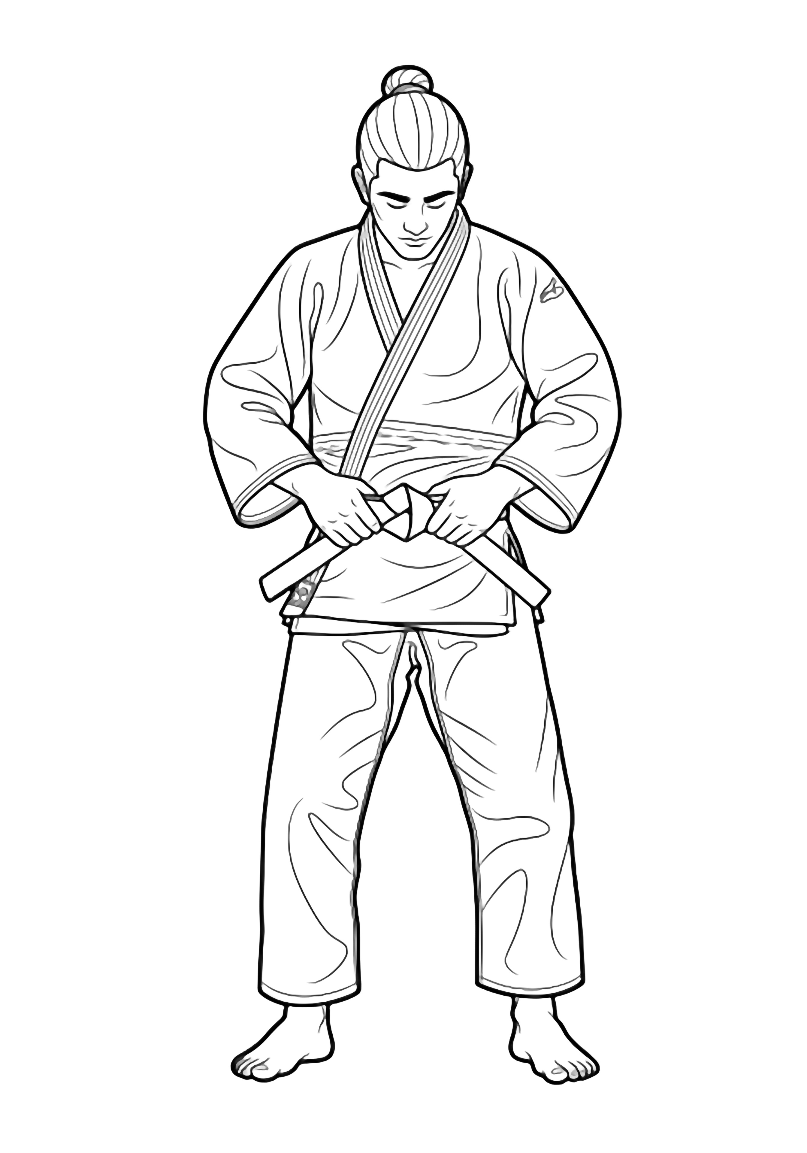 A judo athlete tying the belt of a gi, sleeves and trousers creased, hair tied back. kleurplaat