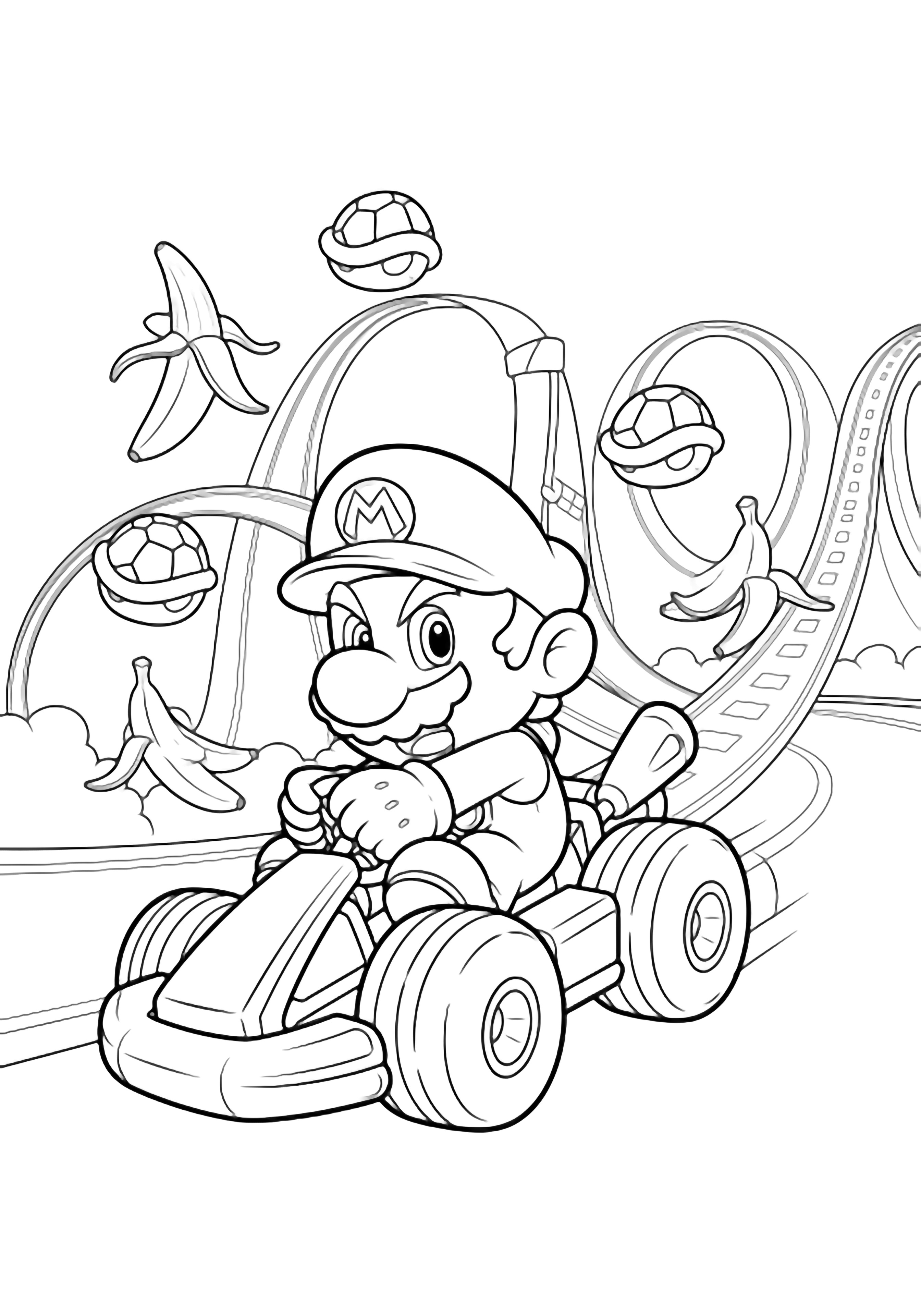 Mario racet in een klein kart over slingerende banen terwijl bananenschillen en schelpen door de lucht vliegen. kleurplaat