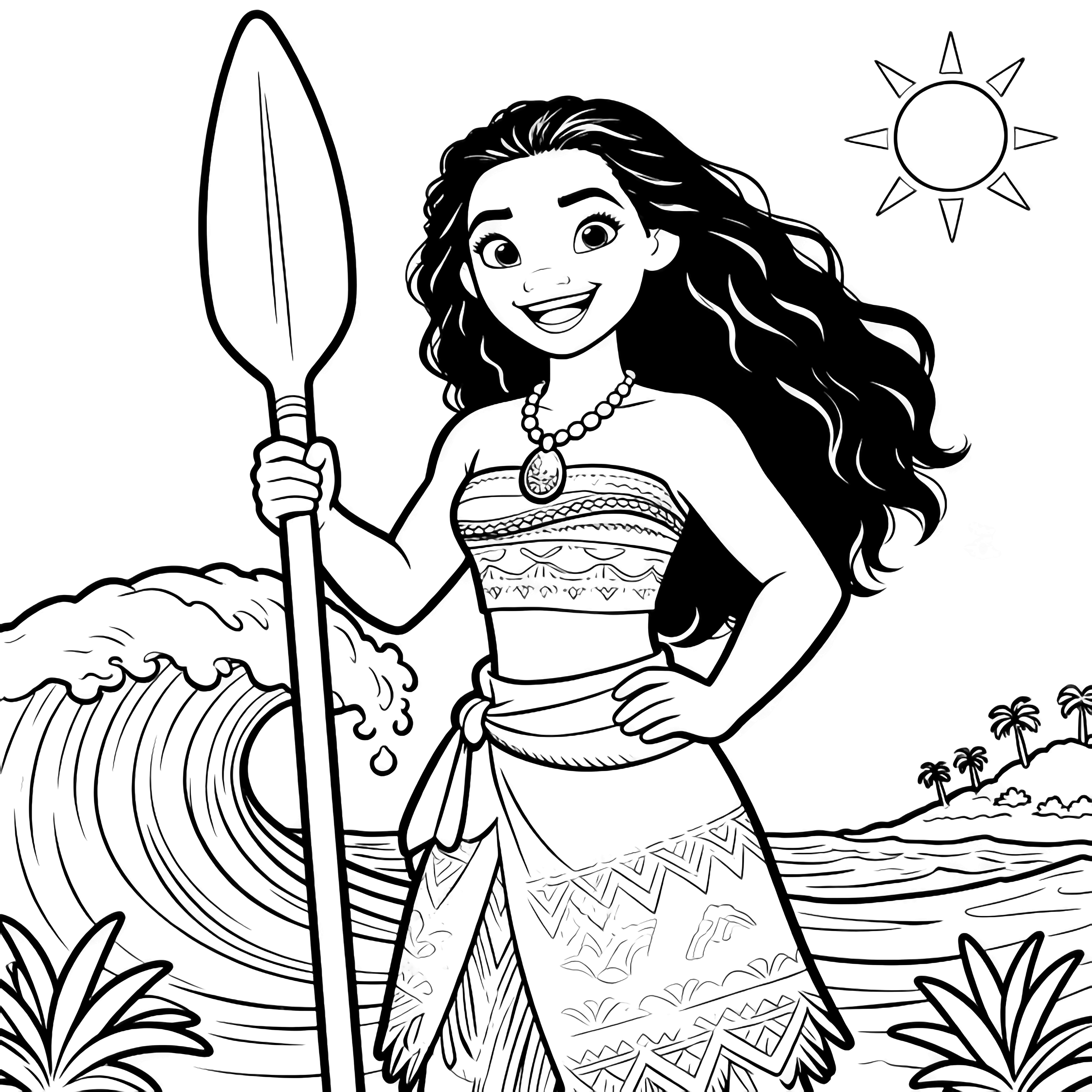 Moana smiles while holding her oar necklace pendant; waves, sun, and small island plants frame her. kleurplaat