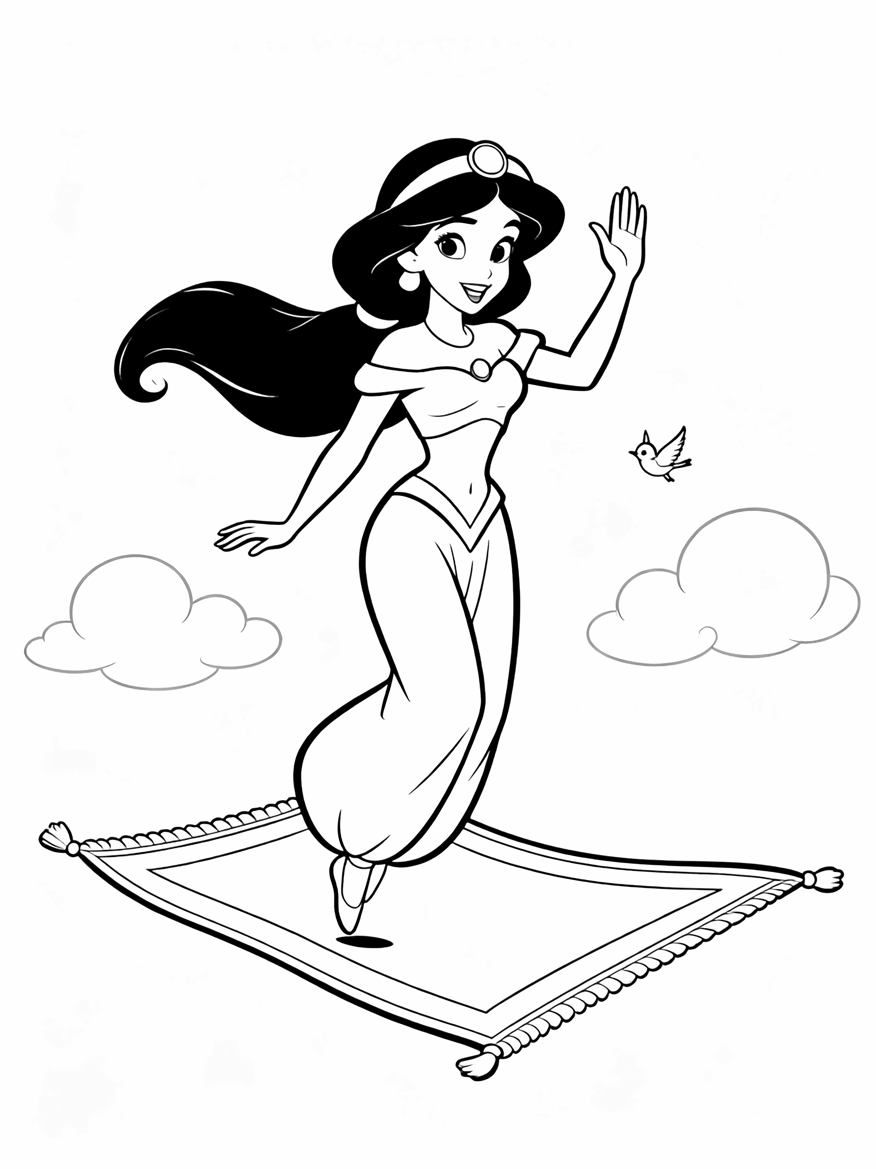 Princess Jasmine waves from her flying carpet, hair and headband flowing, three clouds and two small birds behind her. kleurplaat