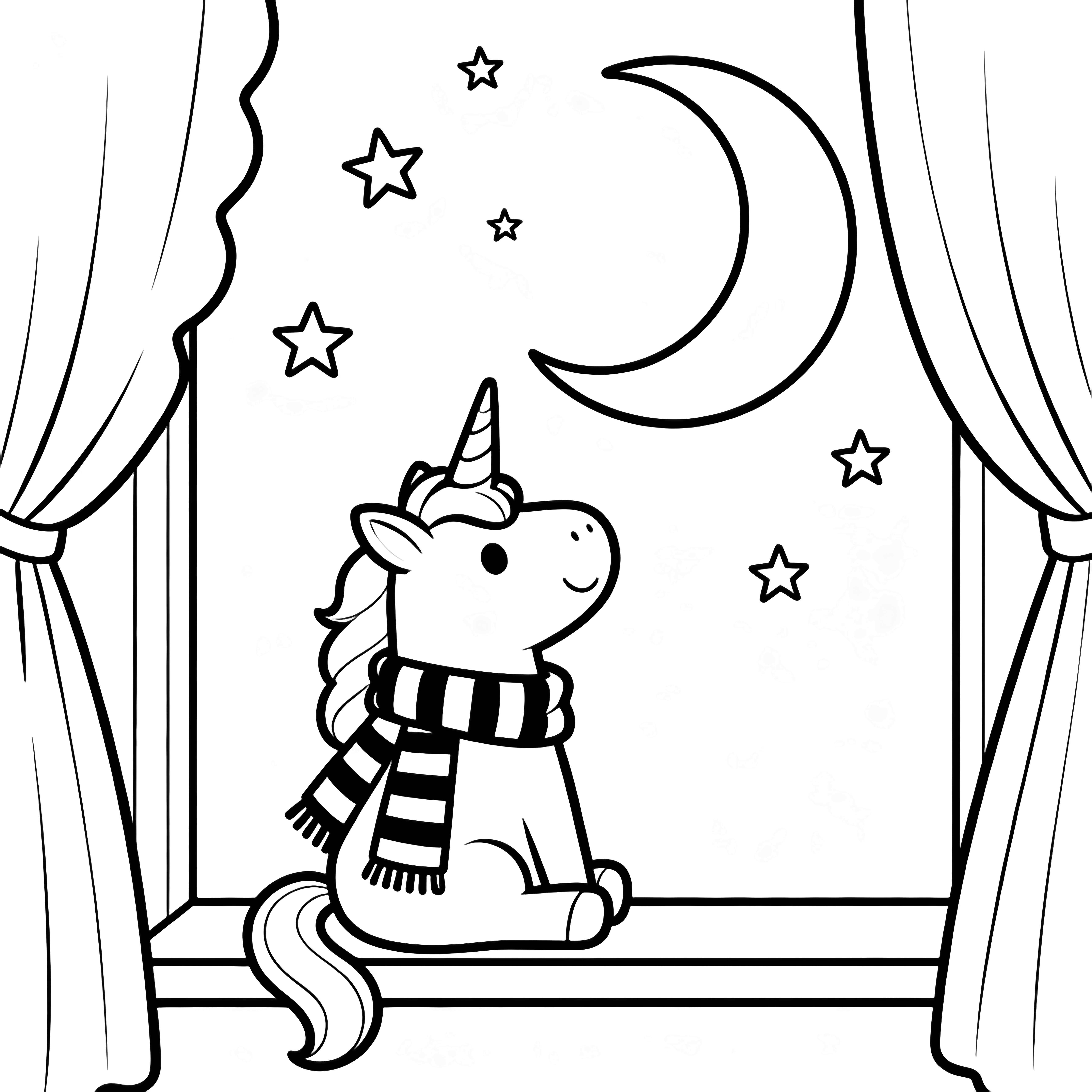A smiling unicorn wearing a striped scarf sits on a narrow windowsill, gazing up at a large crescent moon while stars drift nearby and wavy curtains frame the scene. kleurplaat