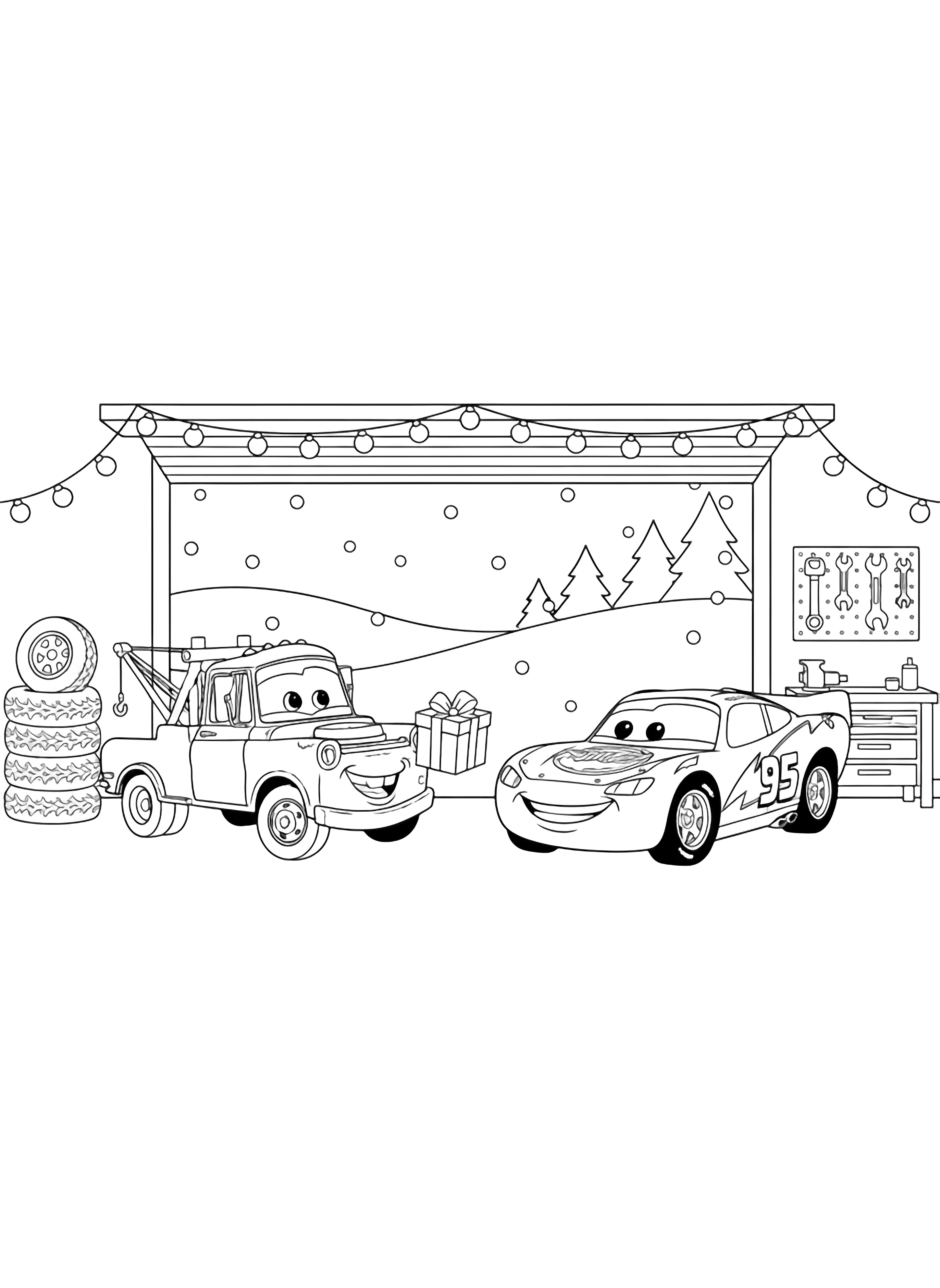 illustration on a Mater and Lightning McQueen smile swapping wrapped presents inside a snowy garage open garage door behind simple snowdrifts hanging string light loops stack of tires and tool bench bold black outlines on white colorable clean black kleurplaat