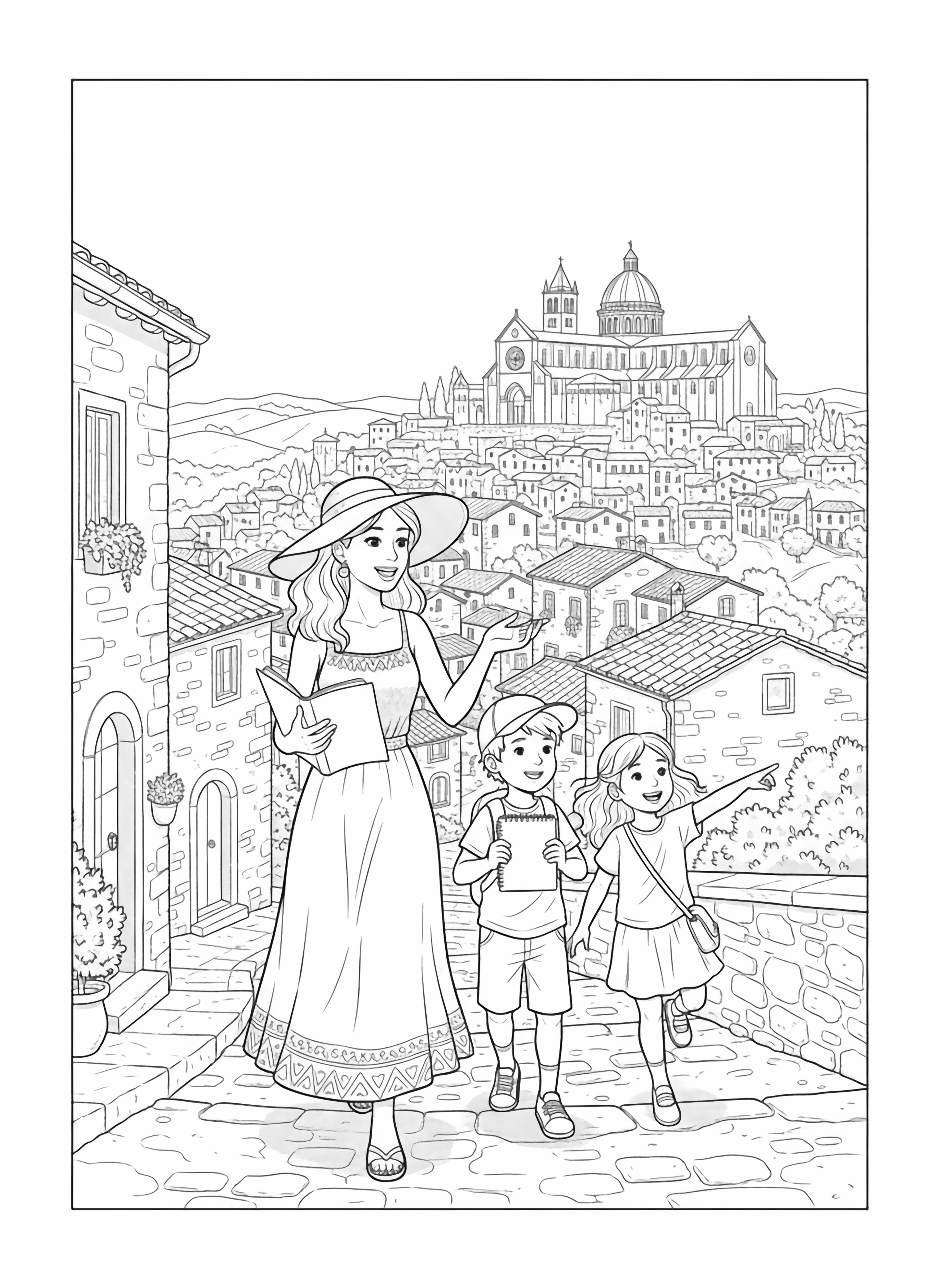 A black and white page showing a happy mother with her son and daughter exploring the charming hilltop town of Assisi in Umbria Italy The mother wears a flowing sundress and wide brimmed hat holding a guidebook while smiling at her children The son wears a baseball cap and carries a small clean black and white line drawing minimal shading no colour no fill kleurplaat