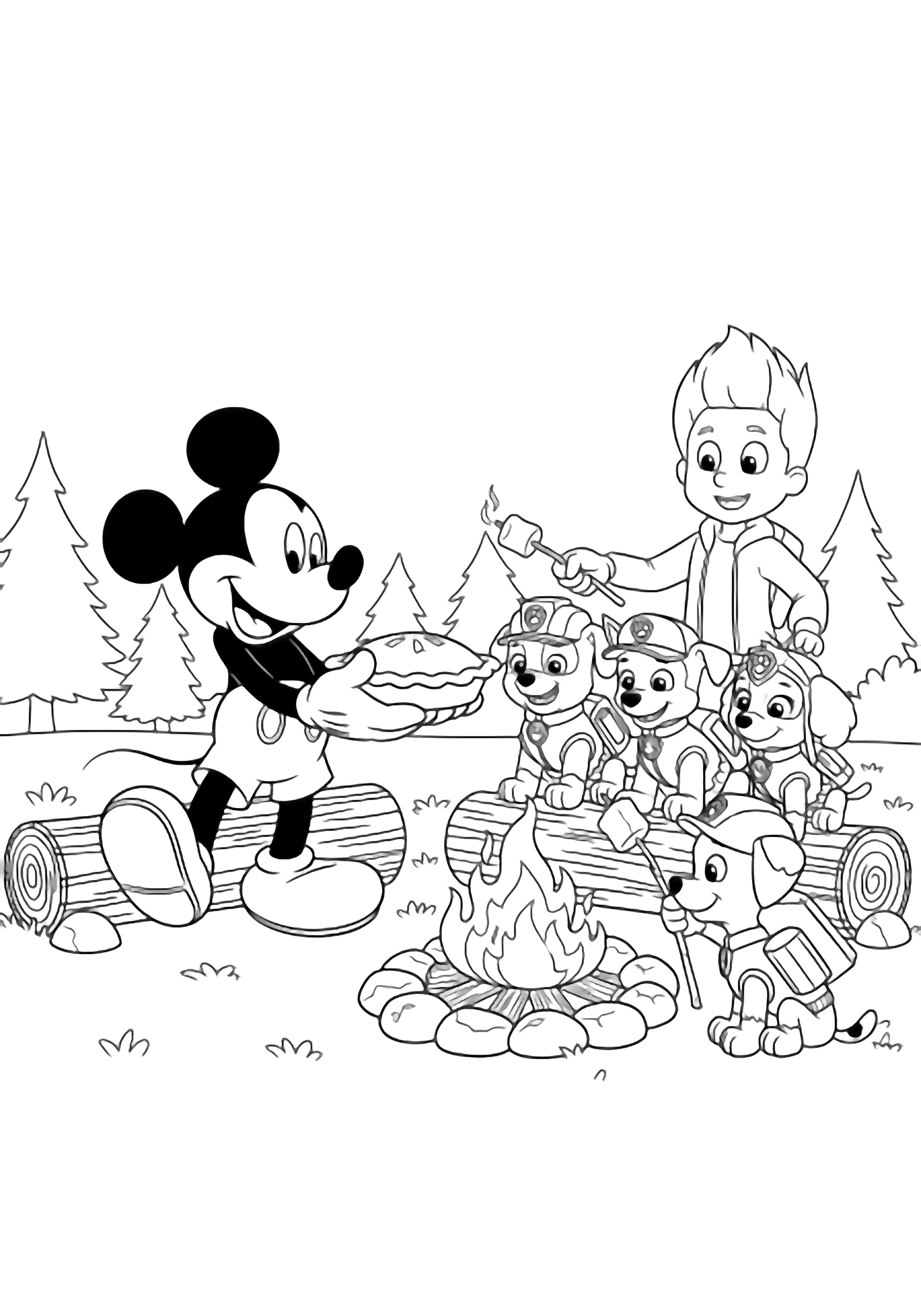 Mickey, grinning, carries a pie toward Ryder and the pups sitting on logs by a campfire, marshmallow stick and simple trees nearby. kleurplaat