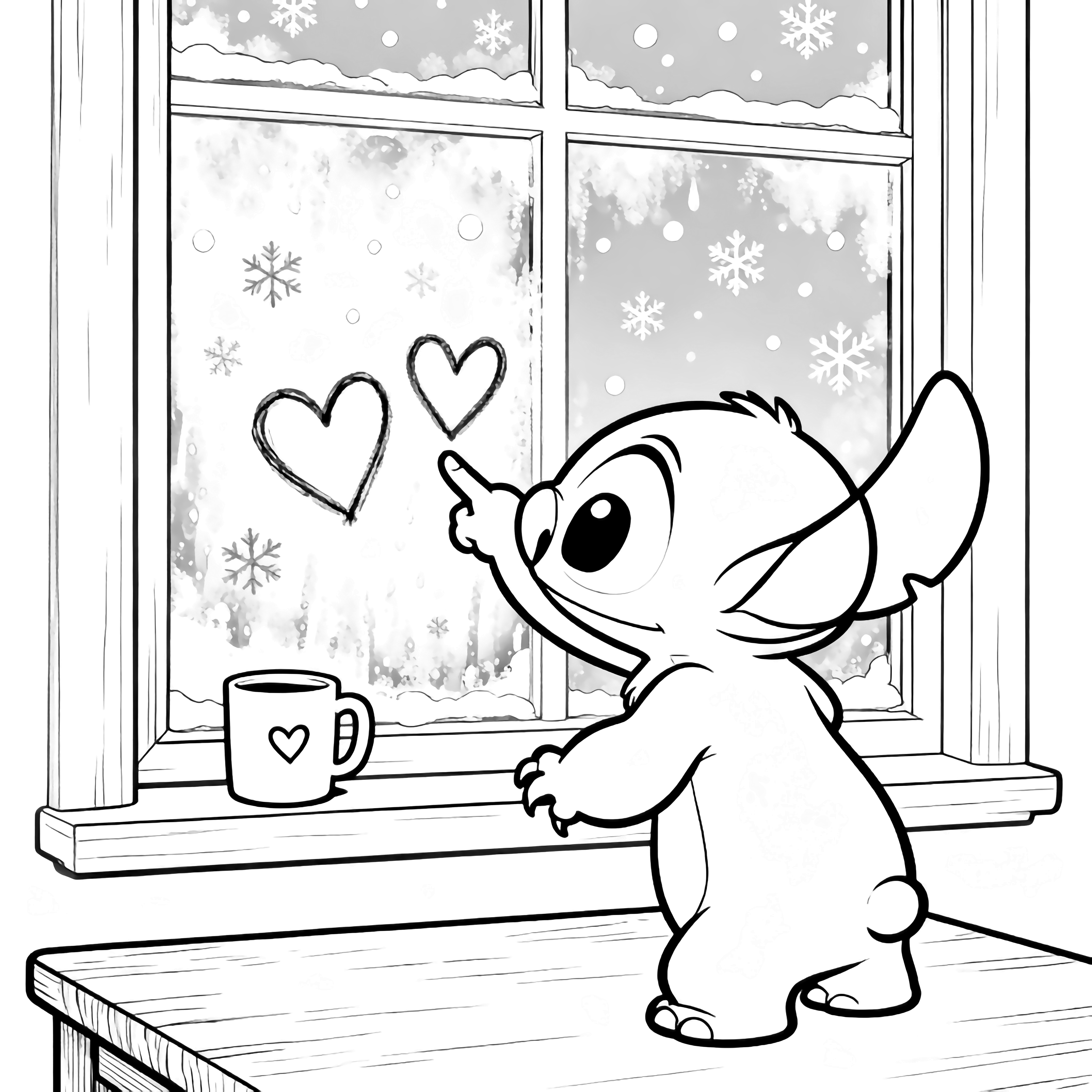 Stitch tekent hartjes op een beslagen raam; een beker met hartjes staat op de vensterbank terwijl er sneeuwvlokken naar buiten dwarrelen. kleurplaat
