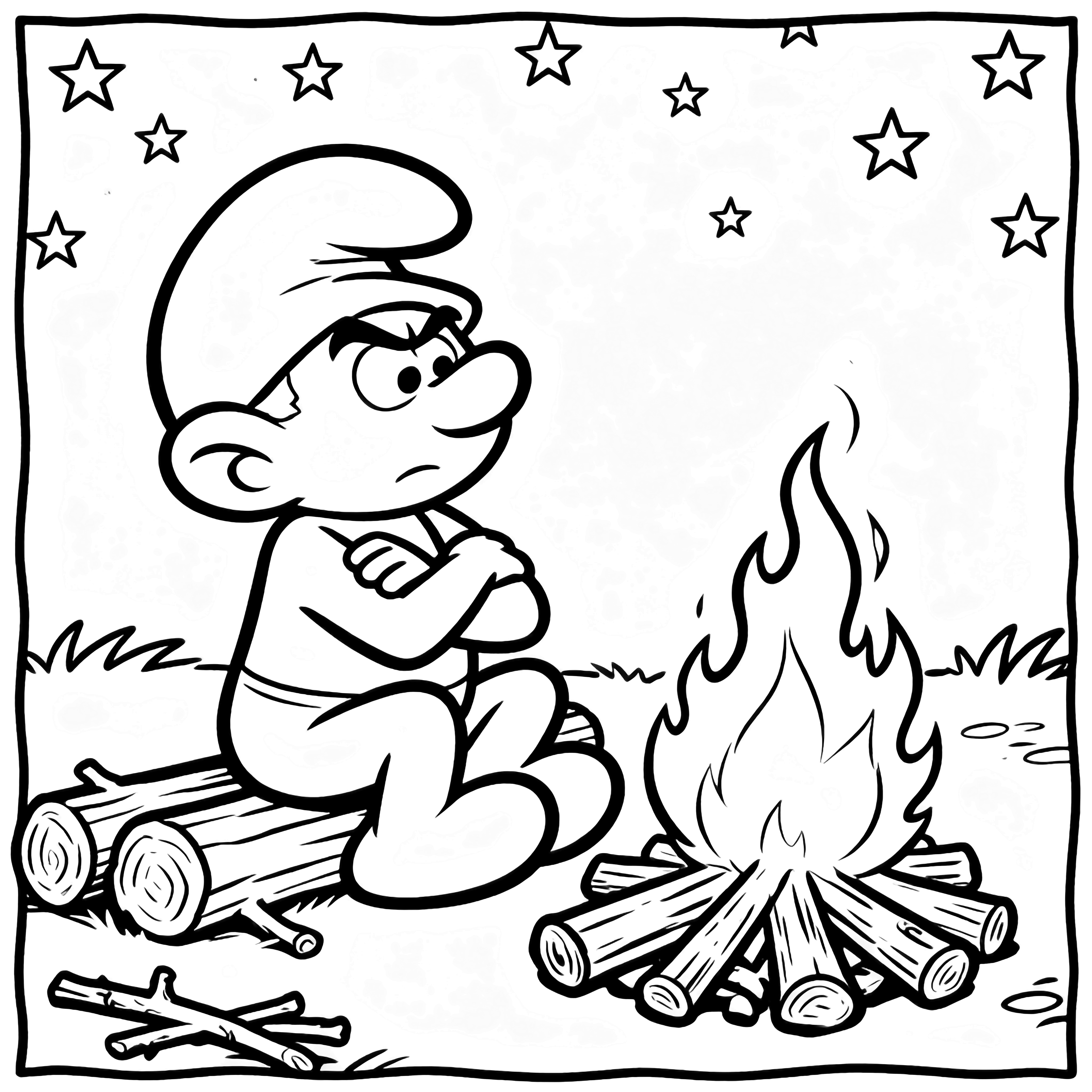 Grouchy Smurf sits cross-legged beside a small campfire, arms folded, leaning toward the flames; logs, twigs, and starry sky surround him. kleurplaat