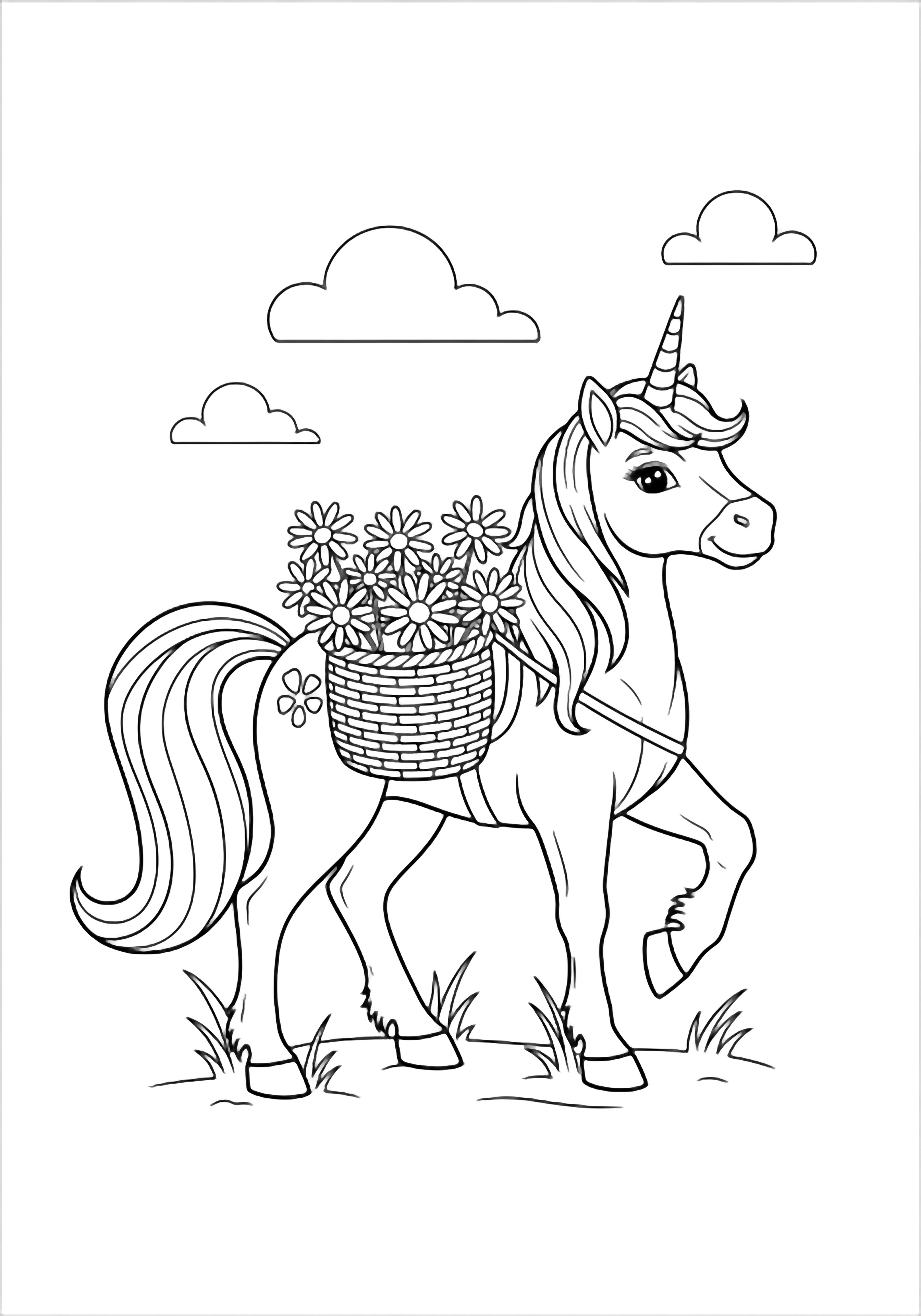 A smiling unicorn carries a basket of daisies, arched tail and flowing mane, standing amid minimal grass and clouds. kleurplaat