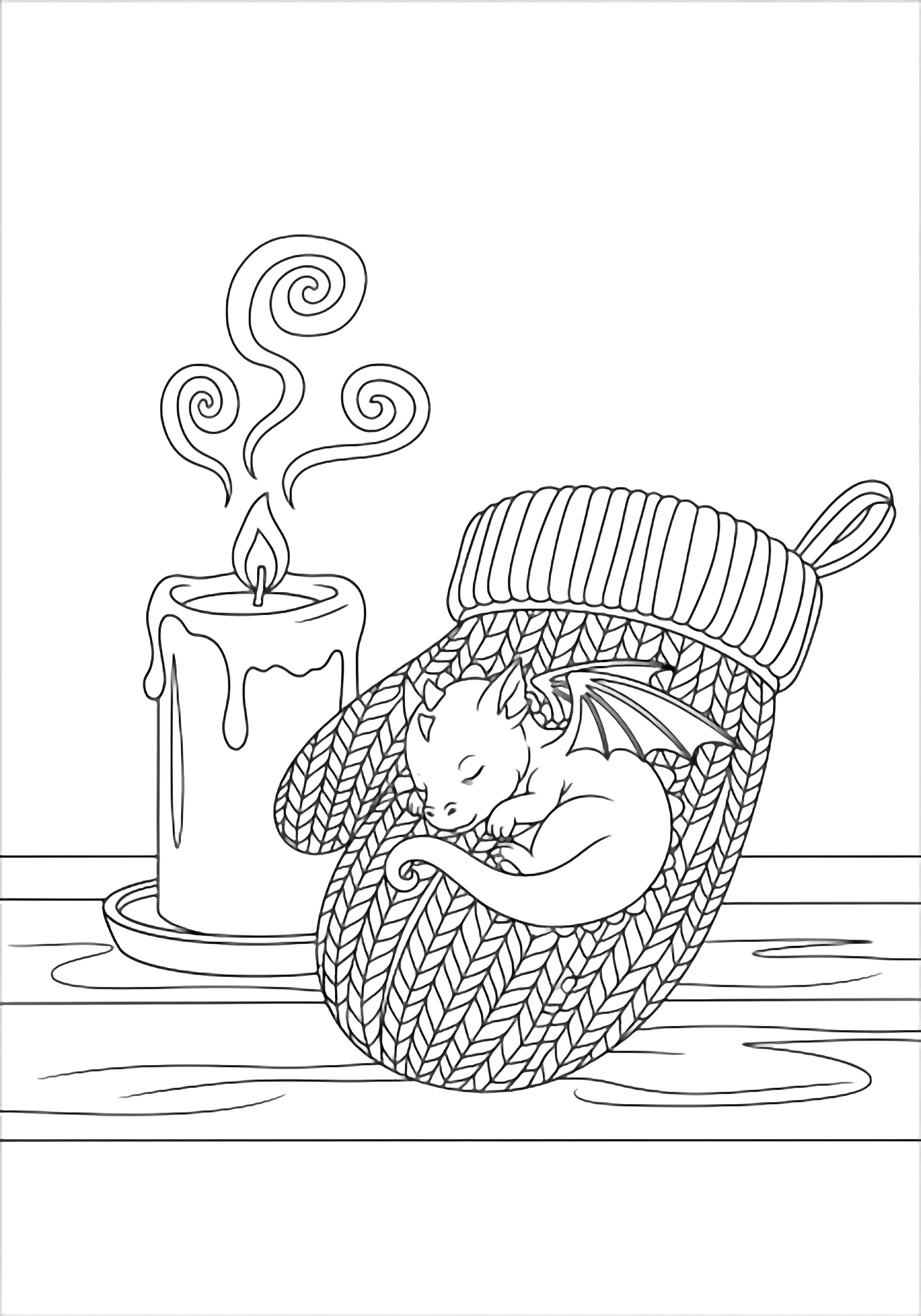 A tiny sleeping baby dragon nestled in an oversized knitted mitten, with a candle outline beside it on a simple wooden table, gentle steam curls above. kleurplaat