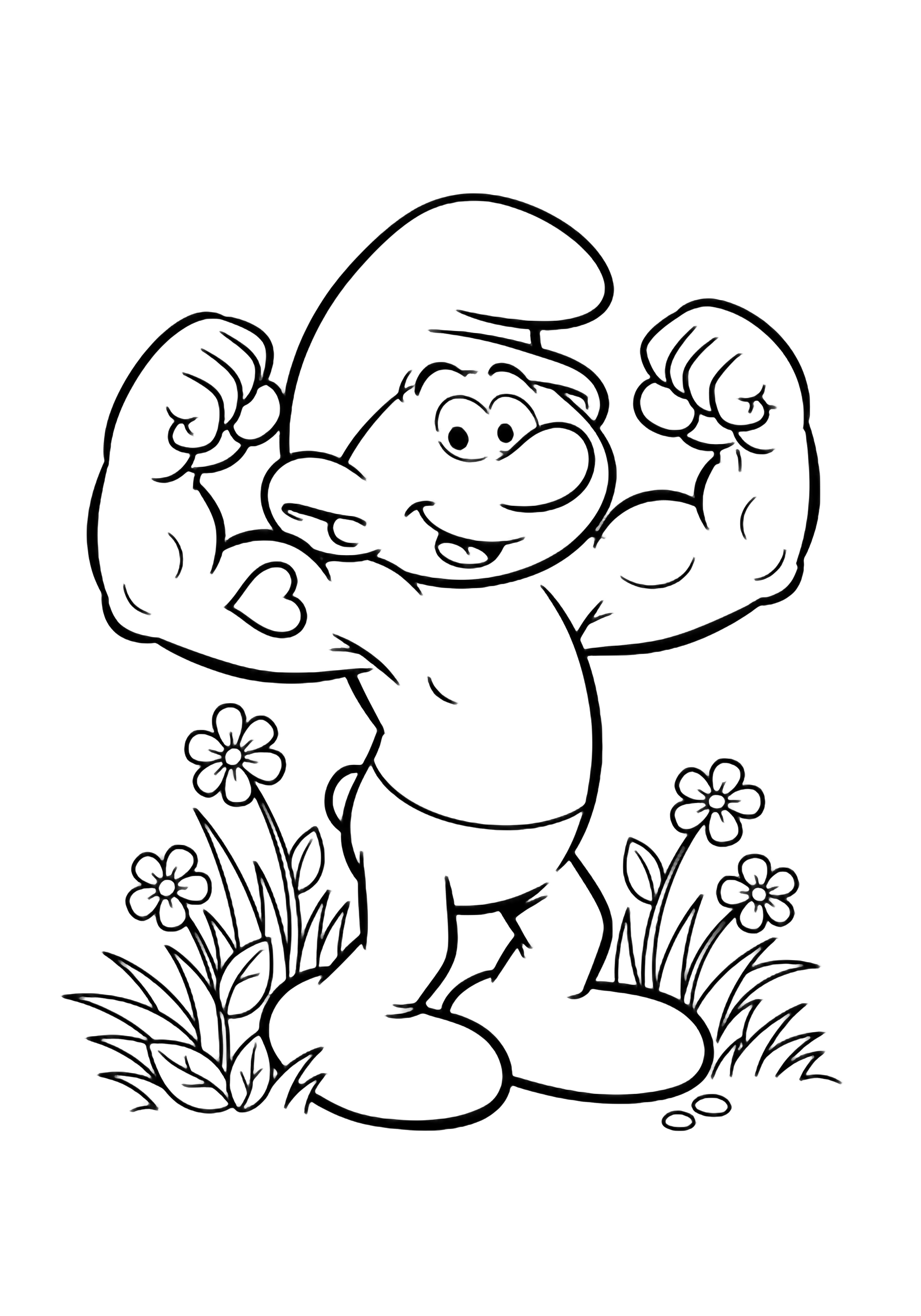 Hefty Smurf flexes both arms proudly, wearing his cap and pants, standing in a patch of grass with small flowers around him. kleurplaat