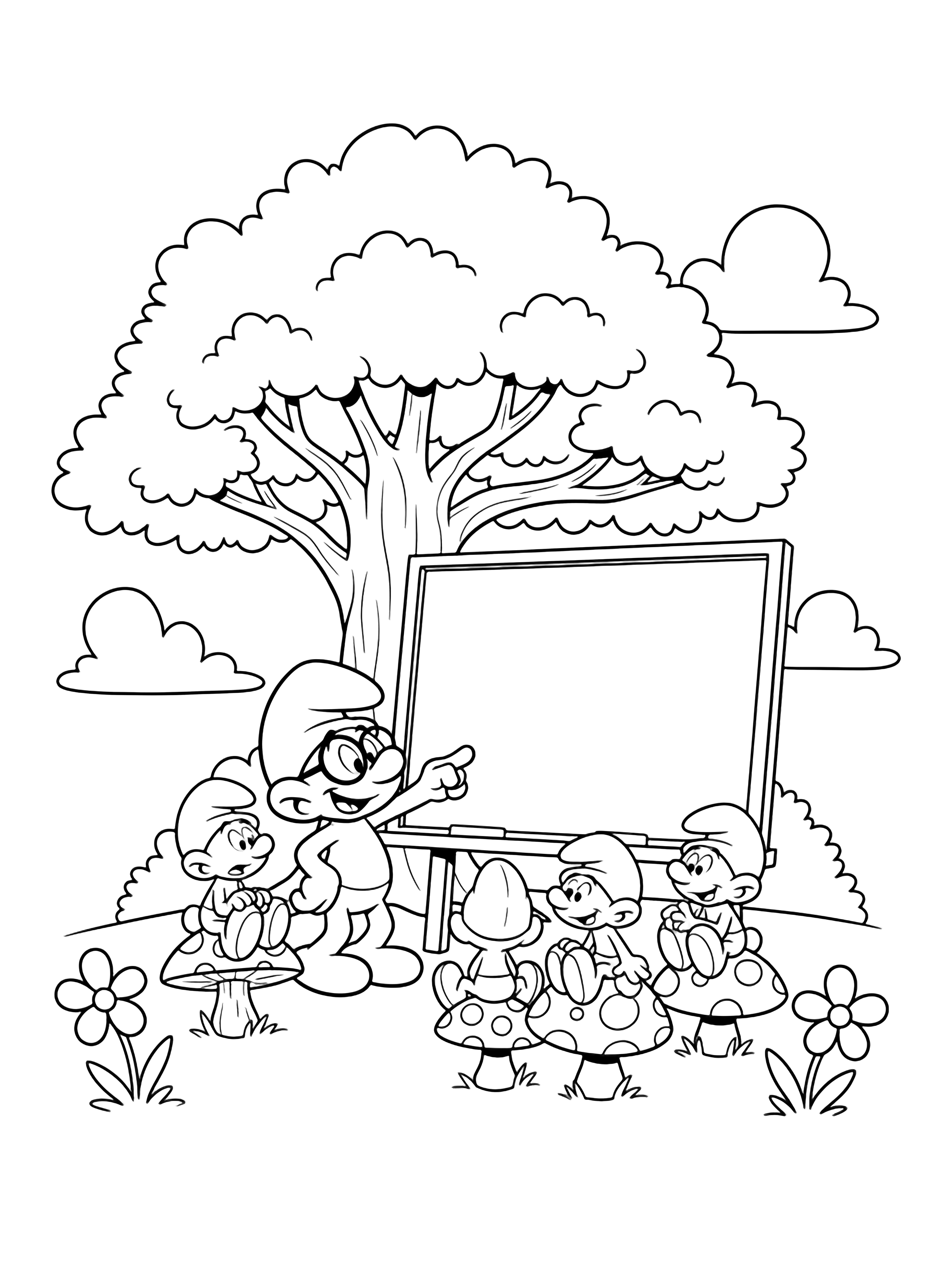 Brainy Smurf happily points at a chalkboard under a big oak while baby Smurfs sit on toadstools smiling, framed by clouds and flowers. kleurplaat