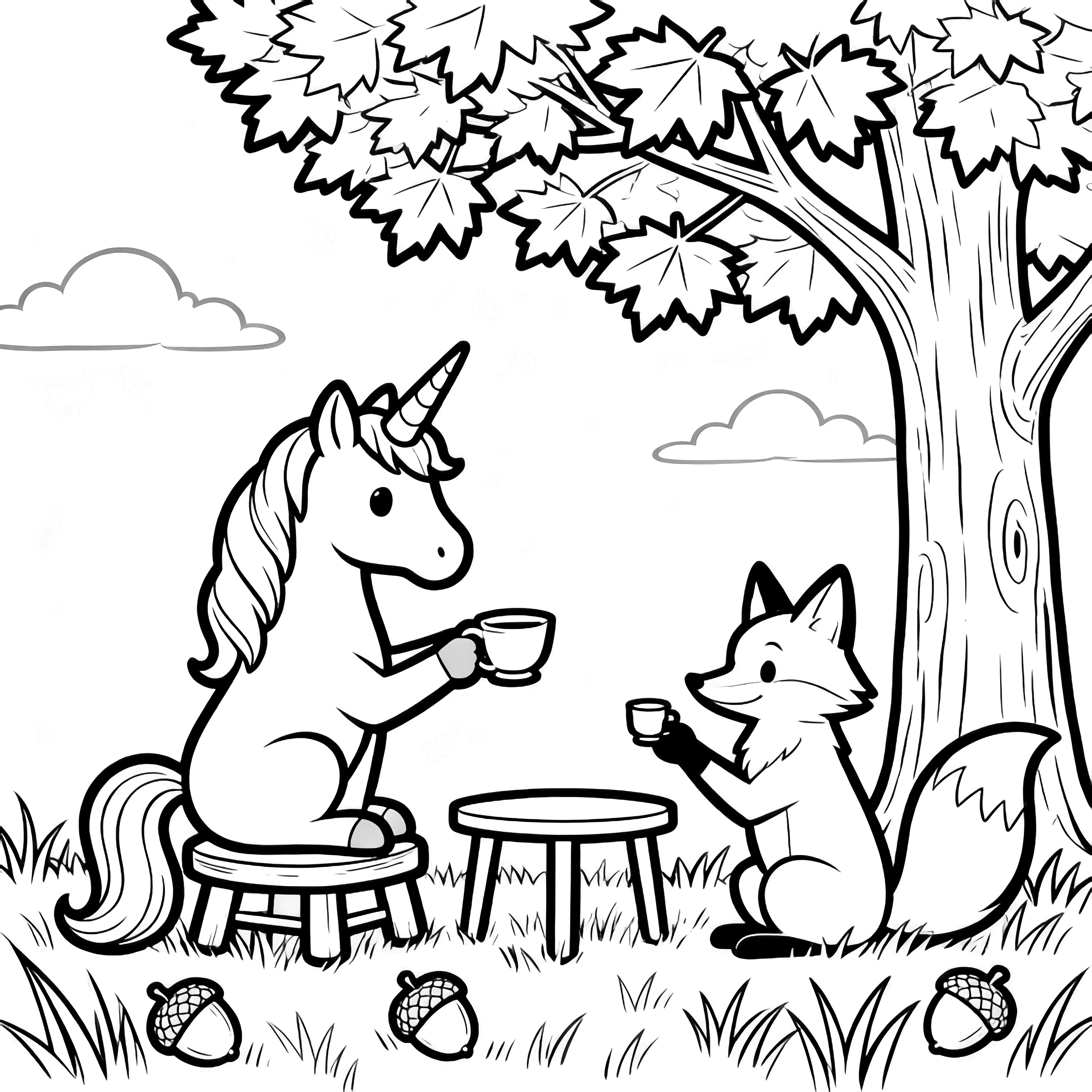 Unicorn on stool sips tea across from fox with tiny cup; small table between them under maple tree; acorns on grass, clouds above. kleurplaat