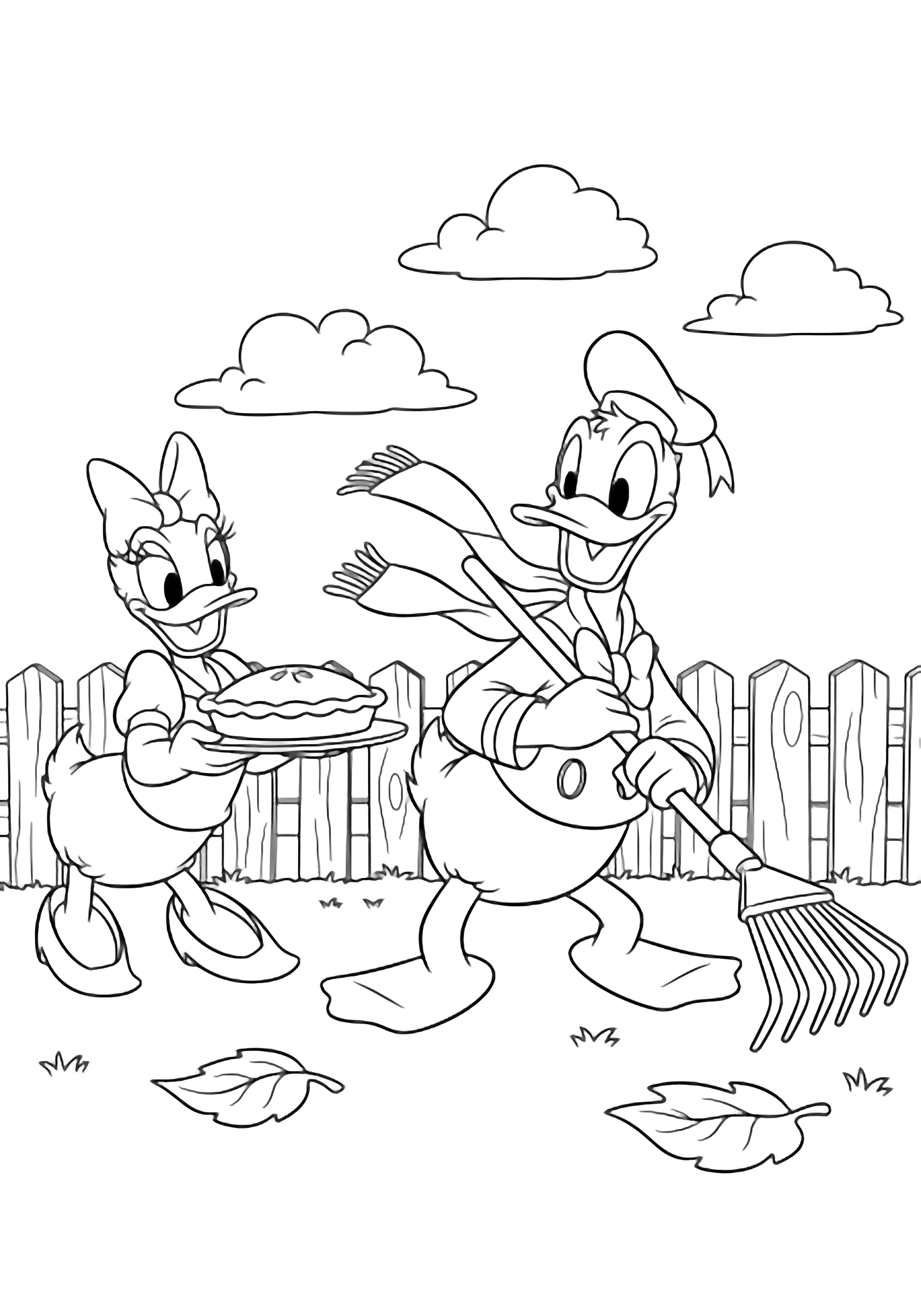 Donald Duck rakes mid-yard, scarf fluttering; Daisy approaches with a pie on a tray, both smiling near a fence, leaves, light clouds. kleurplaat