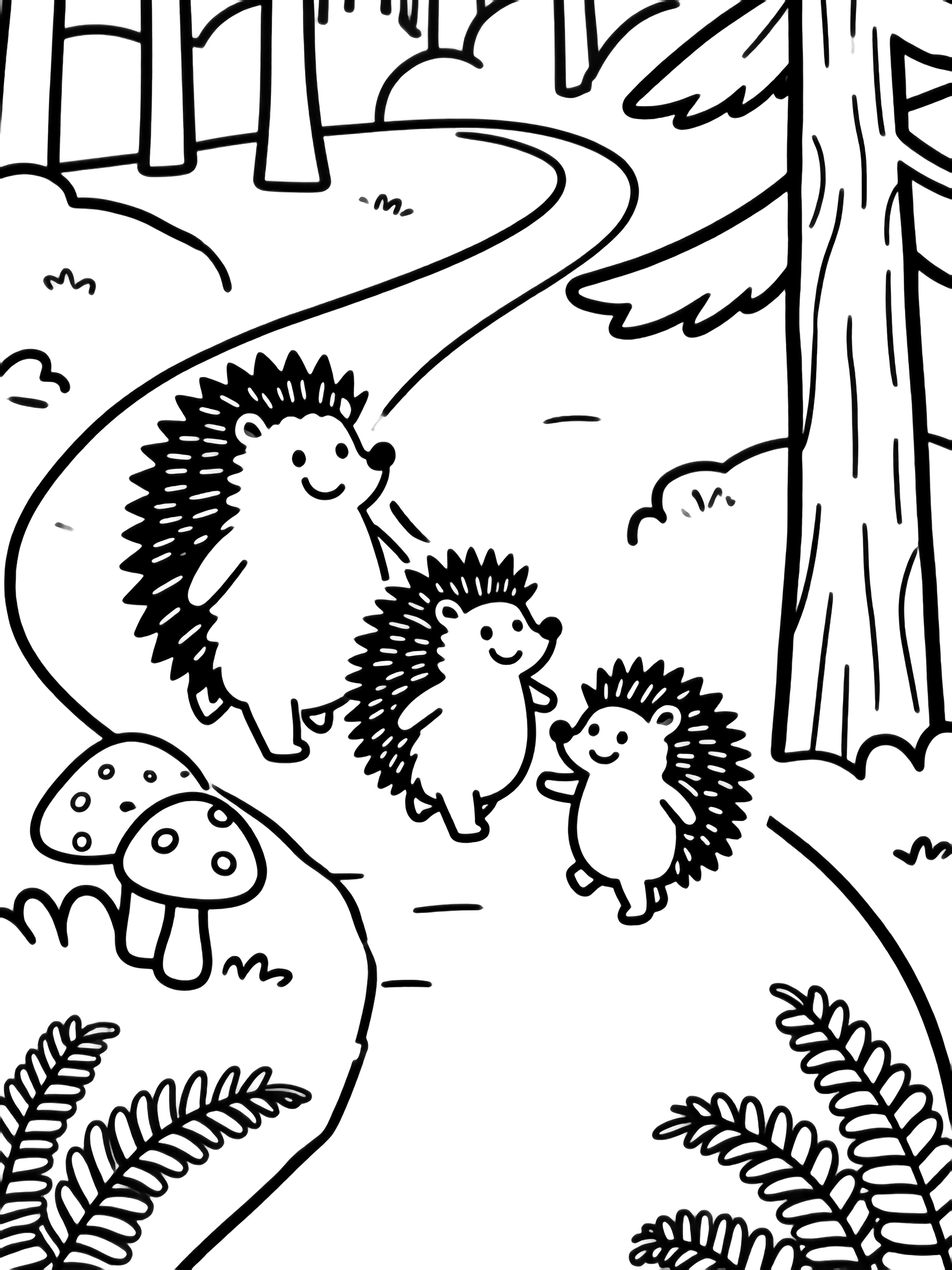Smiling hedgehog parents and two tiny spiky kids stroll along a winding forest path edged with ferns, mushrooms, and one tall pine. kleurplaat