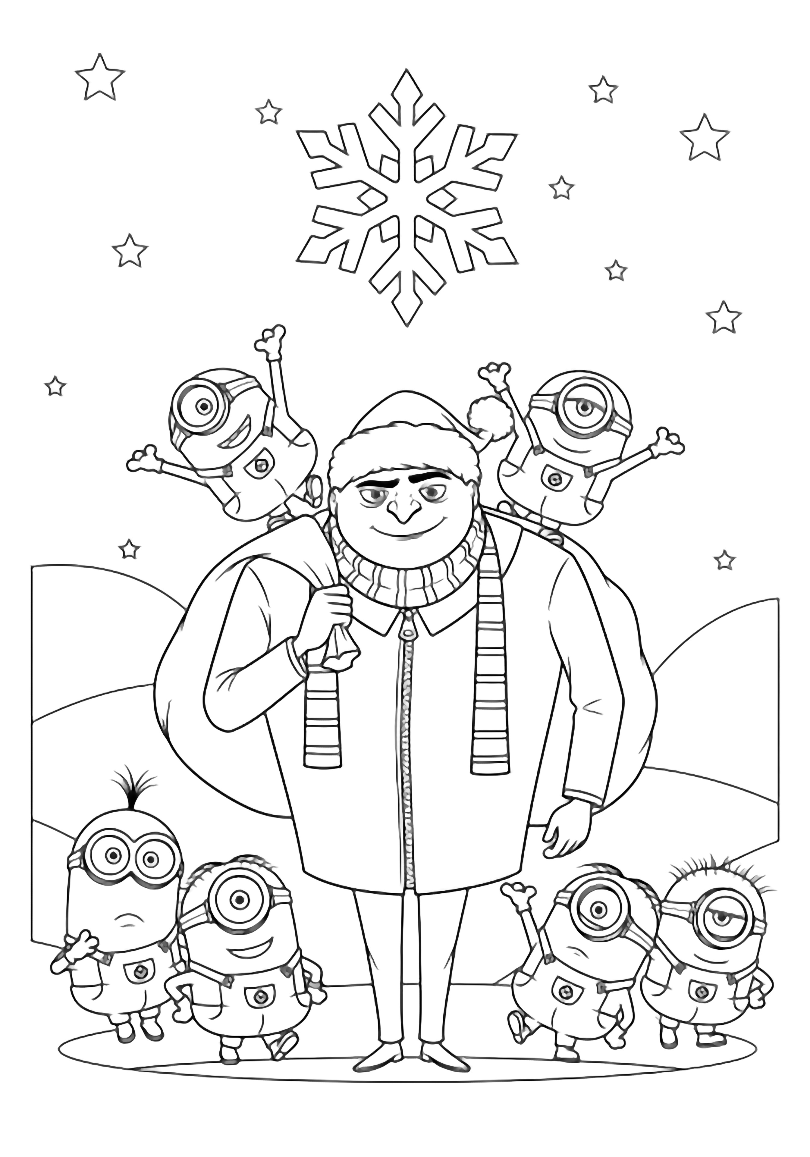 Gru met een kerstmuts en een zak, vijf Minions die om hem heen dansen onder vallende sneeuwvlokken en sterren. kleurplaat
