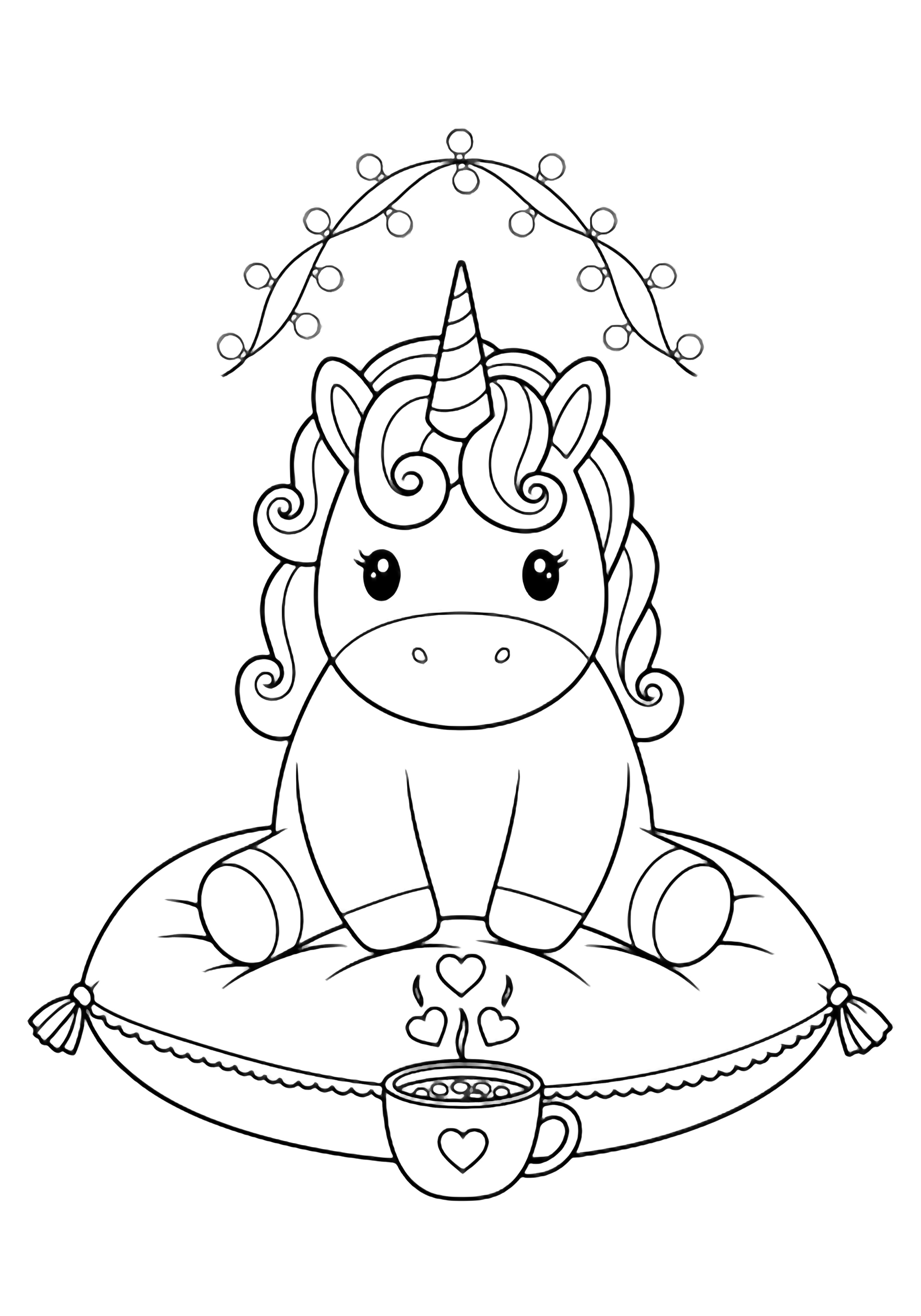 A chubby unicorn with curly mane sits on a fluffy pillow, tiny fairy lights arcing above, cradling a cocoa mug that releases heart-shaped steam. kleurplaat