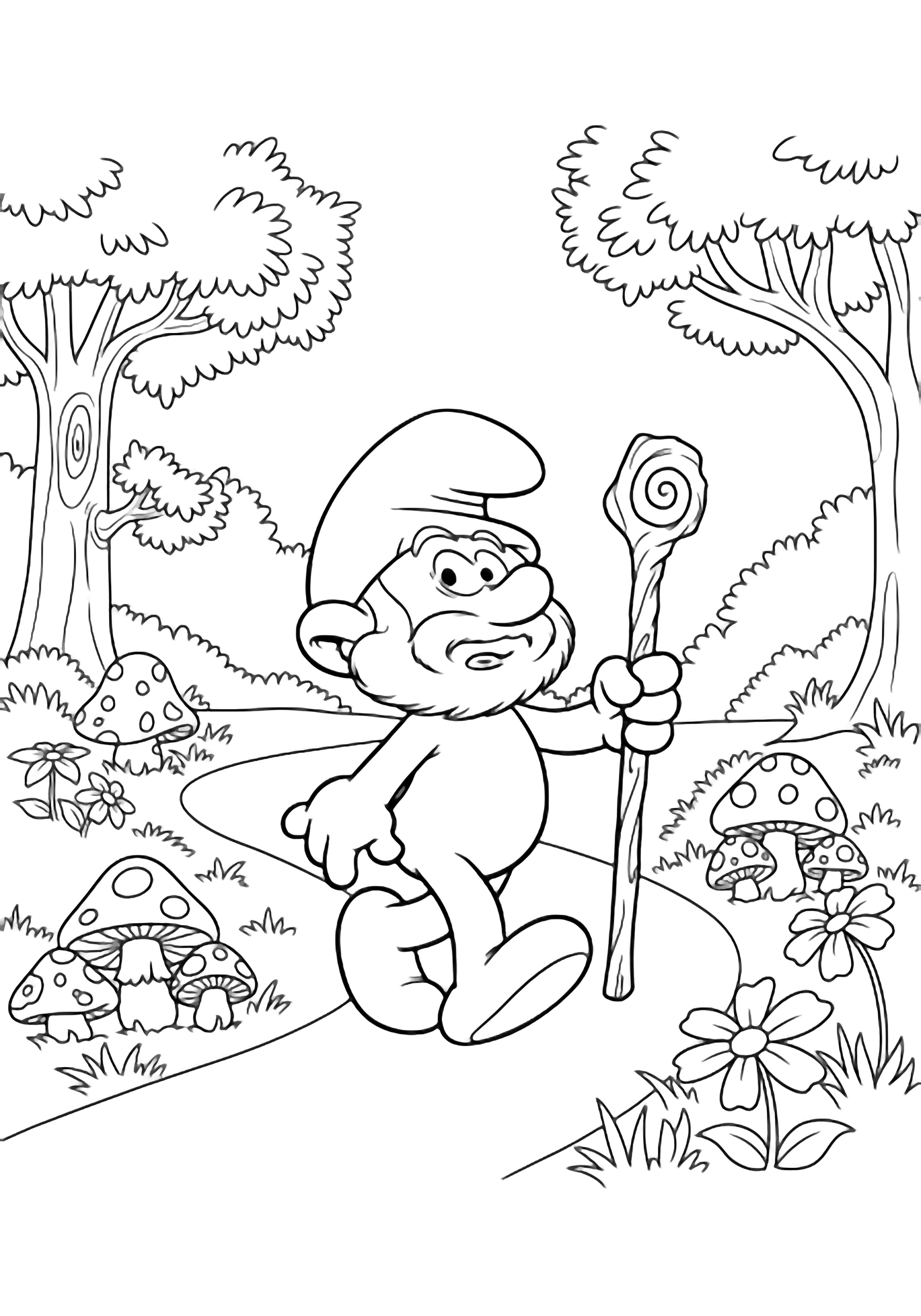 Papa Smurf strides along a winding forest path, long beard flowing, holding a spiral-topped staff; mushrooms, flowers, and leafy trees frame him. kleurplaat