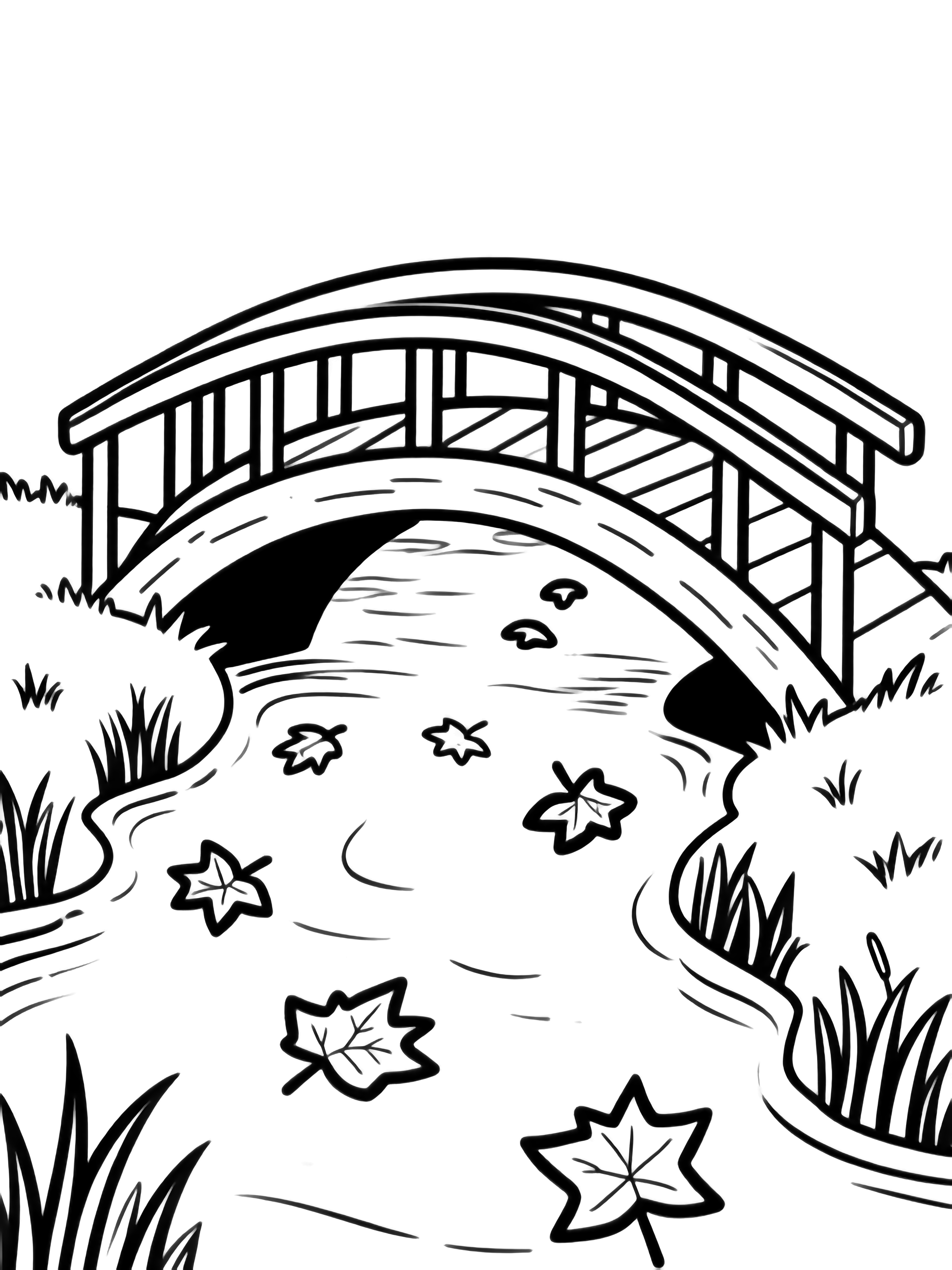 A small arched wooden bridge crosses a calm creek; maple leaves float on the water, with grass and reeds along the banks. kleurplaat