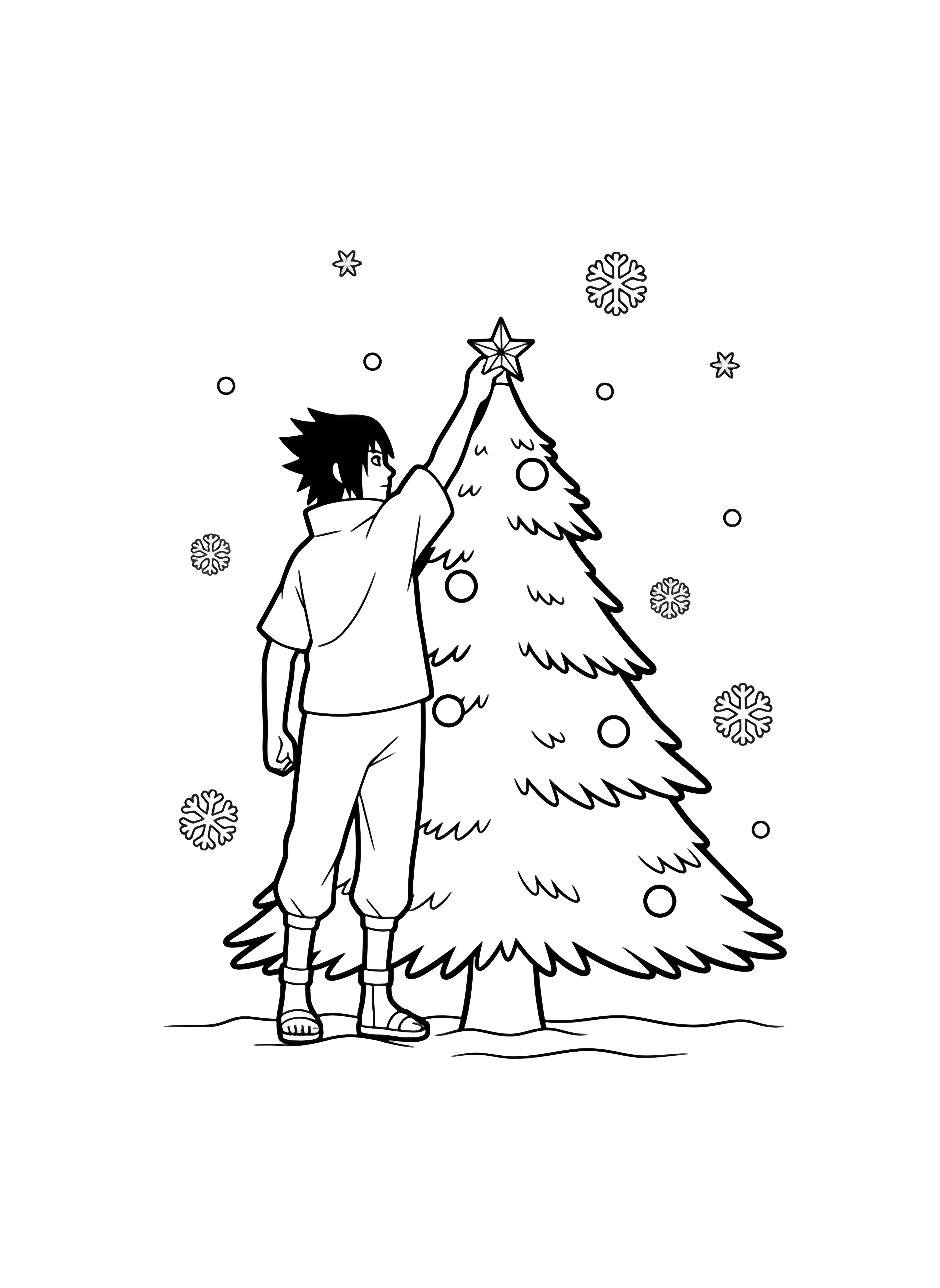 Sasuke on tiptoe hangs a star on a layered pine while snowflakes drift; wavy ground lines. kleurplaat