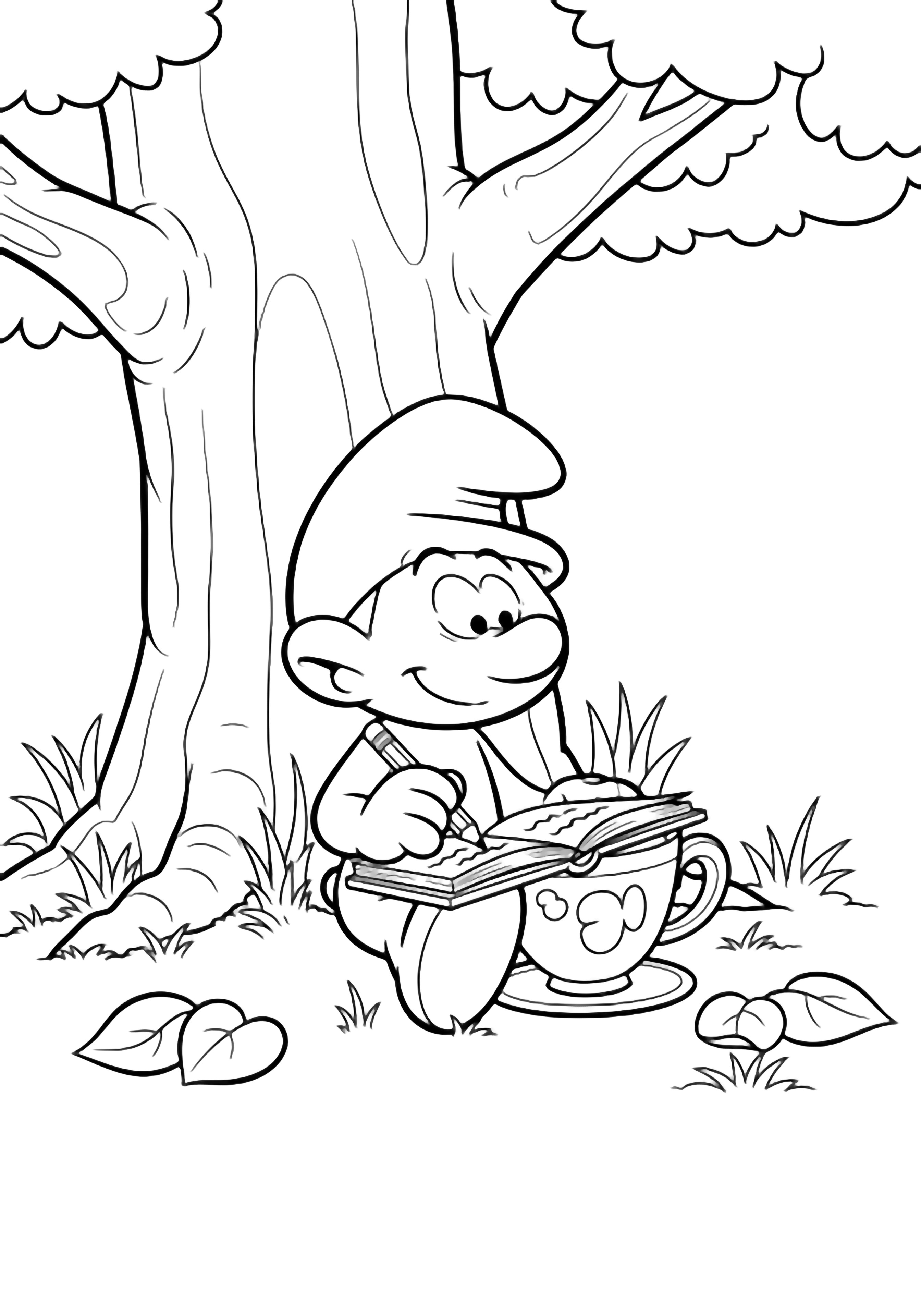 Brainy Smurf sits cross-legged under a big smooth tree, writing in a notebook on his lap, teacup beside him, grass and a few leaves around. kleurplaat