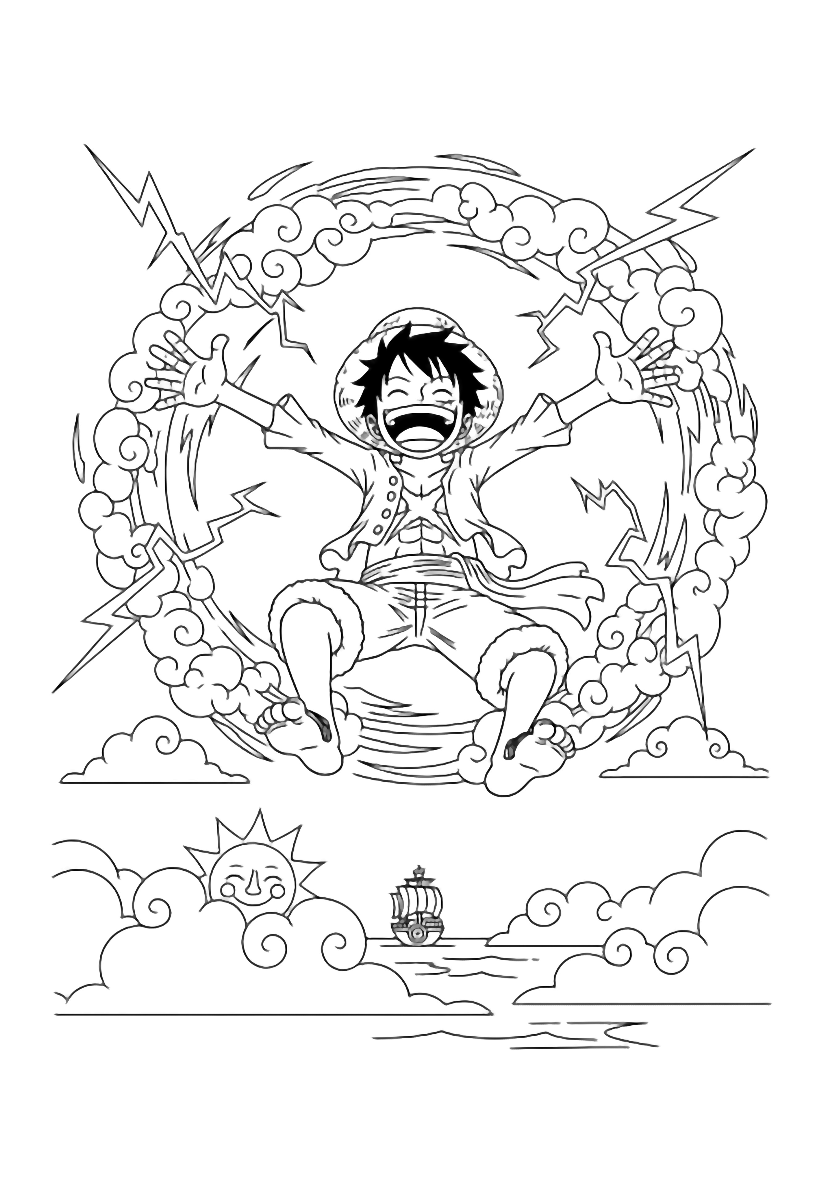 Luffy, arms wide, laughs mid-air; swirling clouds, lightning, a tiny ship below, sun-face overhead. kleurplaat