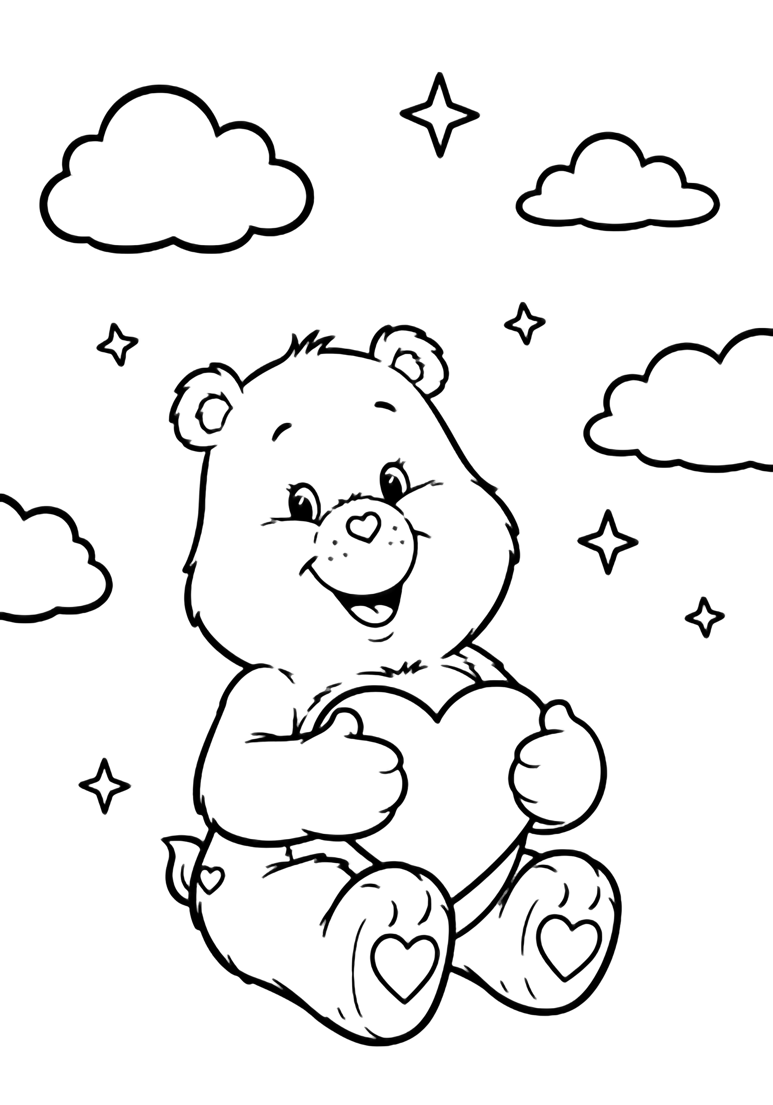 Cheer Bear sits centered, beaming, hugging a heart to chest; simple clouds and stars drift behind. kleurplaat