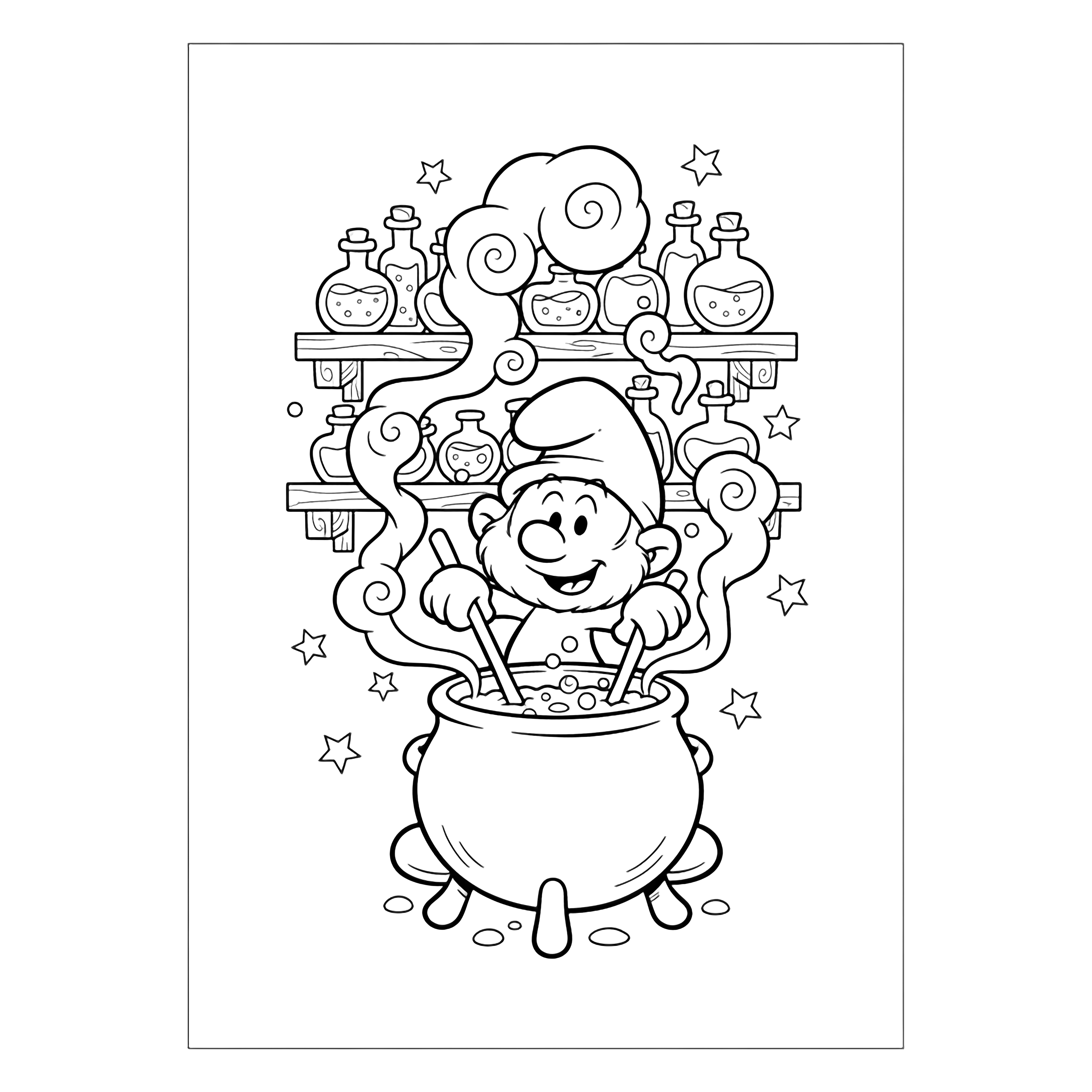 Papa Smurf stirs a cauldron; shelves of bottles behind, smoke spirals and stars around. kleurplaat